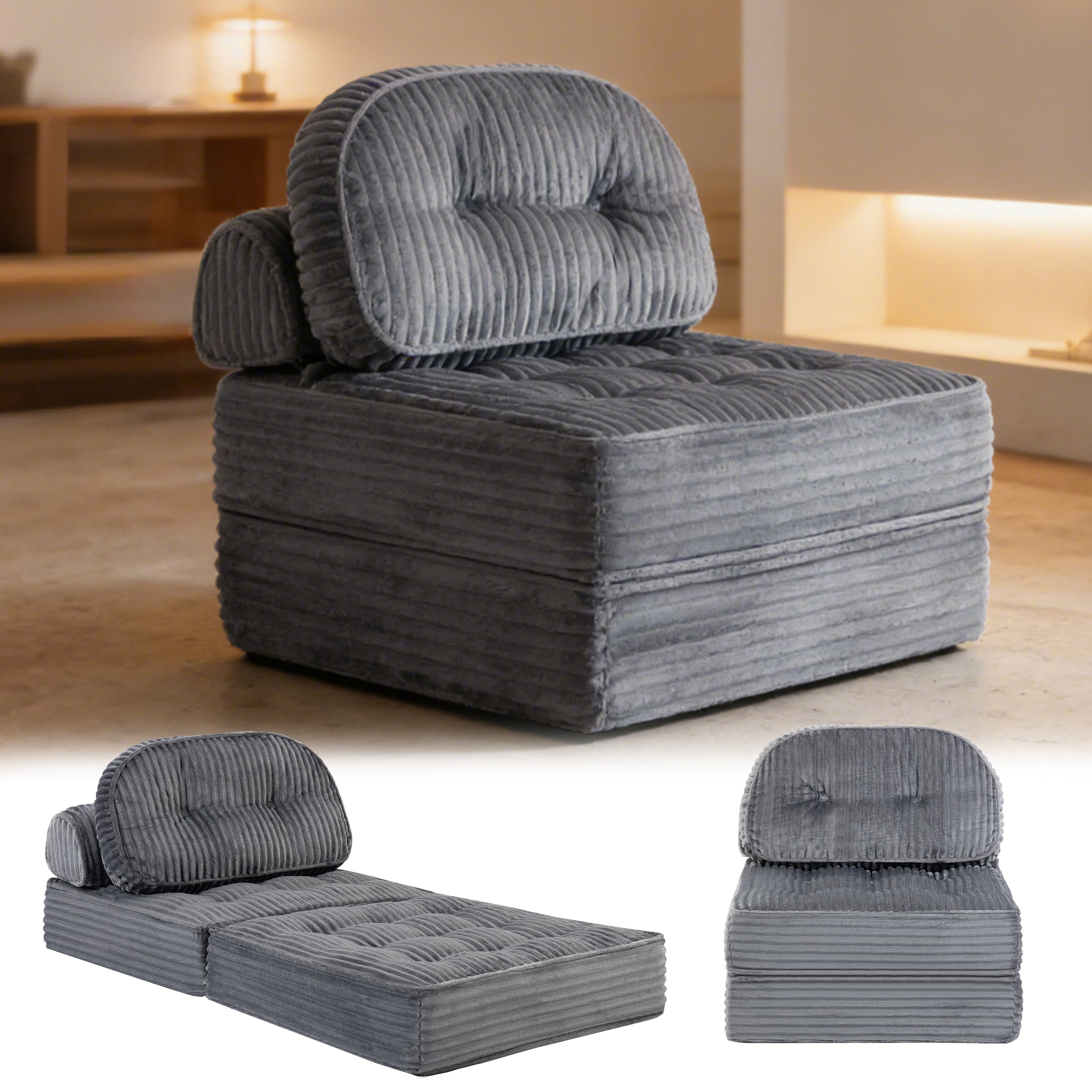 Pop-Up Compression Sofa, Single/Double Seat Options, Corduroy Multifunctional Sofa Bed for Small Apartments, Balconies & Dorms, No Assembly Required