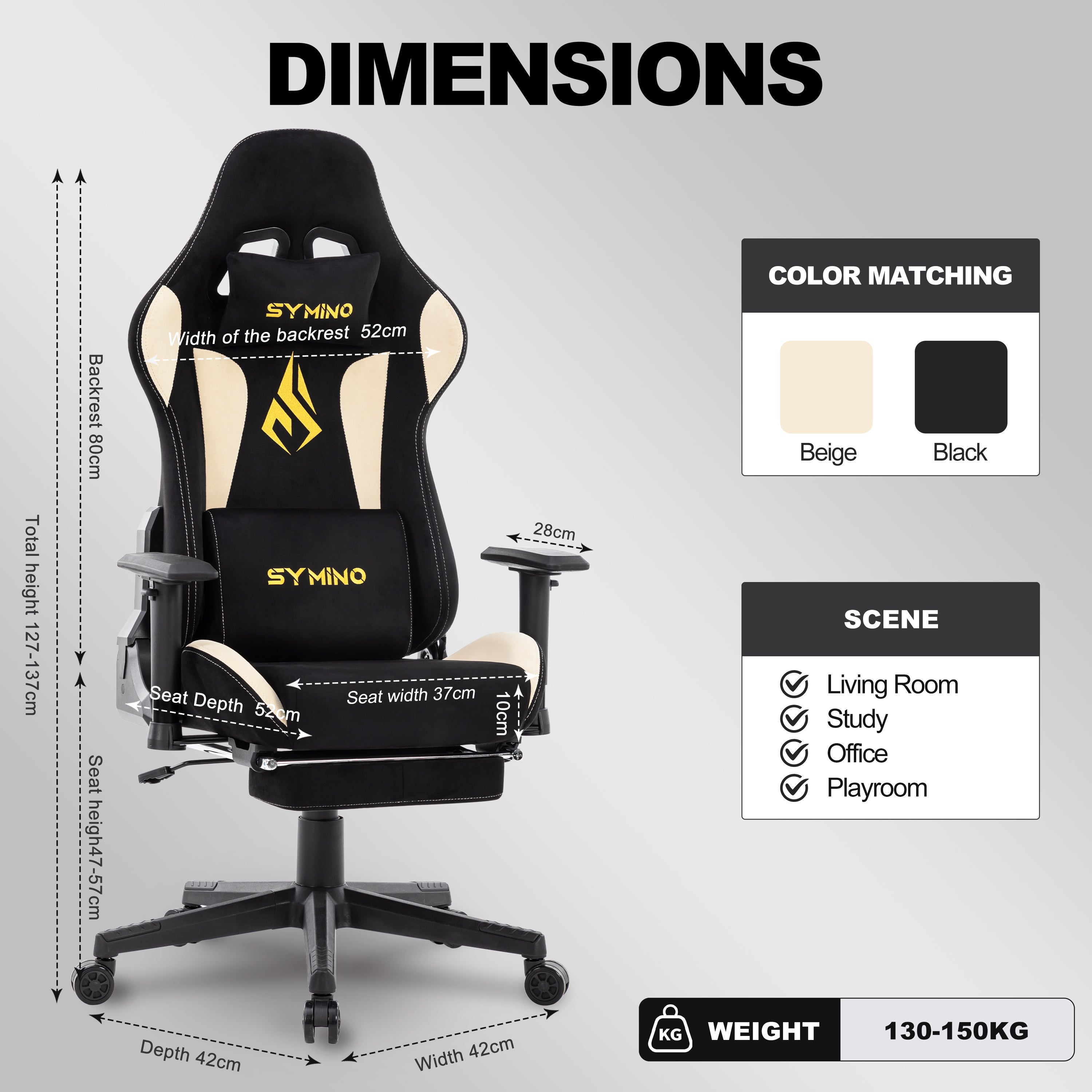 SYMINO Breathable Gaming Chair with Footrest, Height Adjustable & 360° Swivel BLACKBEIGE