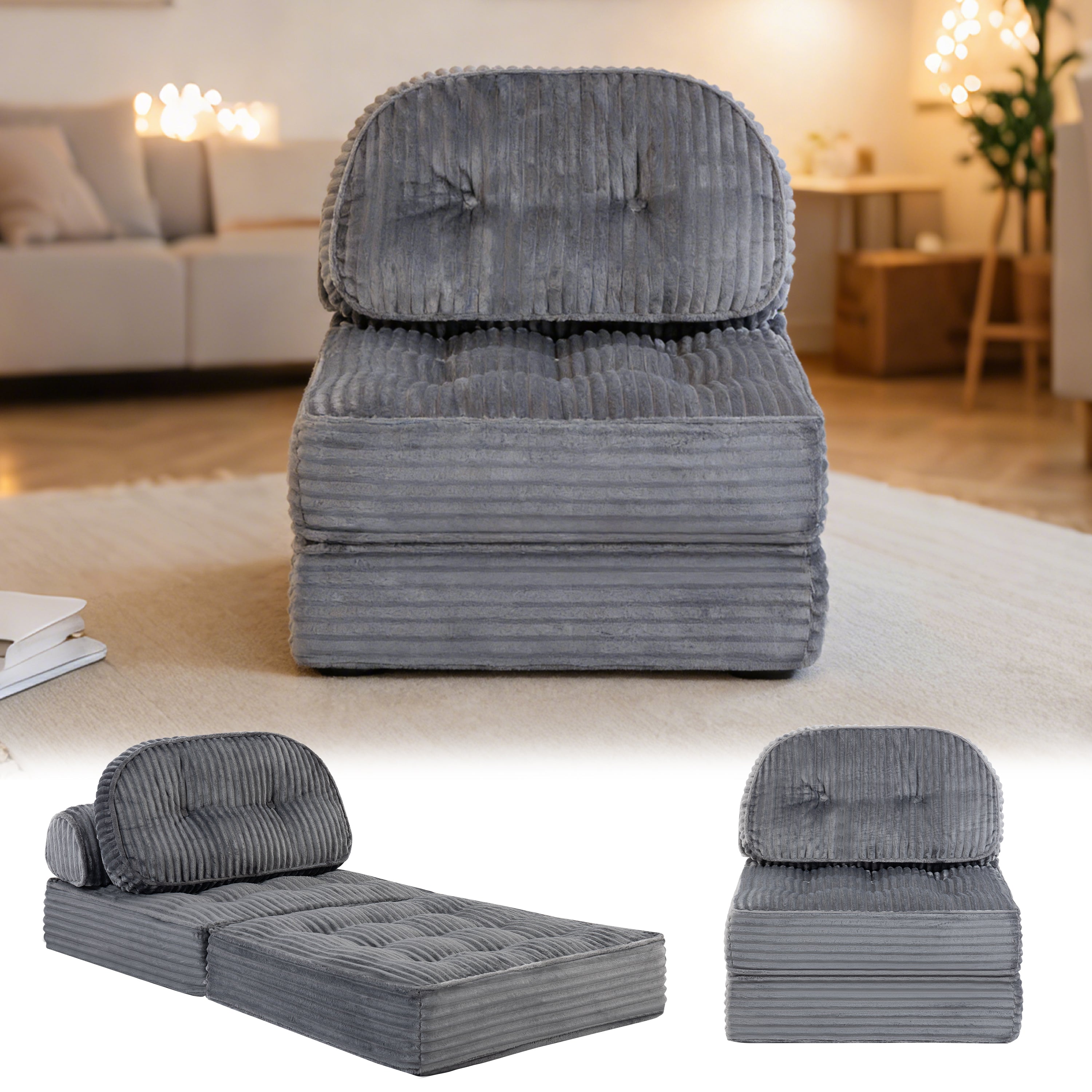 Pop-Up Compression Sofa, Single/Double Seat Options, Corduroy Multifunctional Sofa Bed for Small Apartments, Balconies & Dorms, No Assembly Required