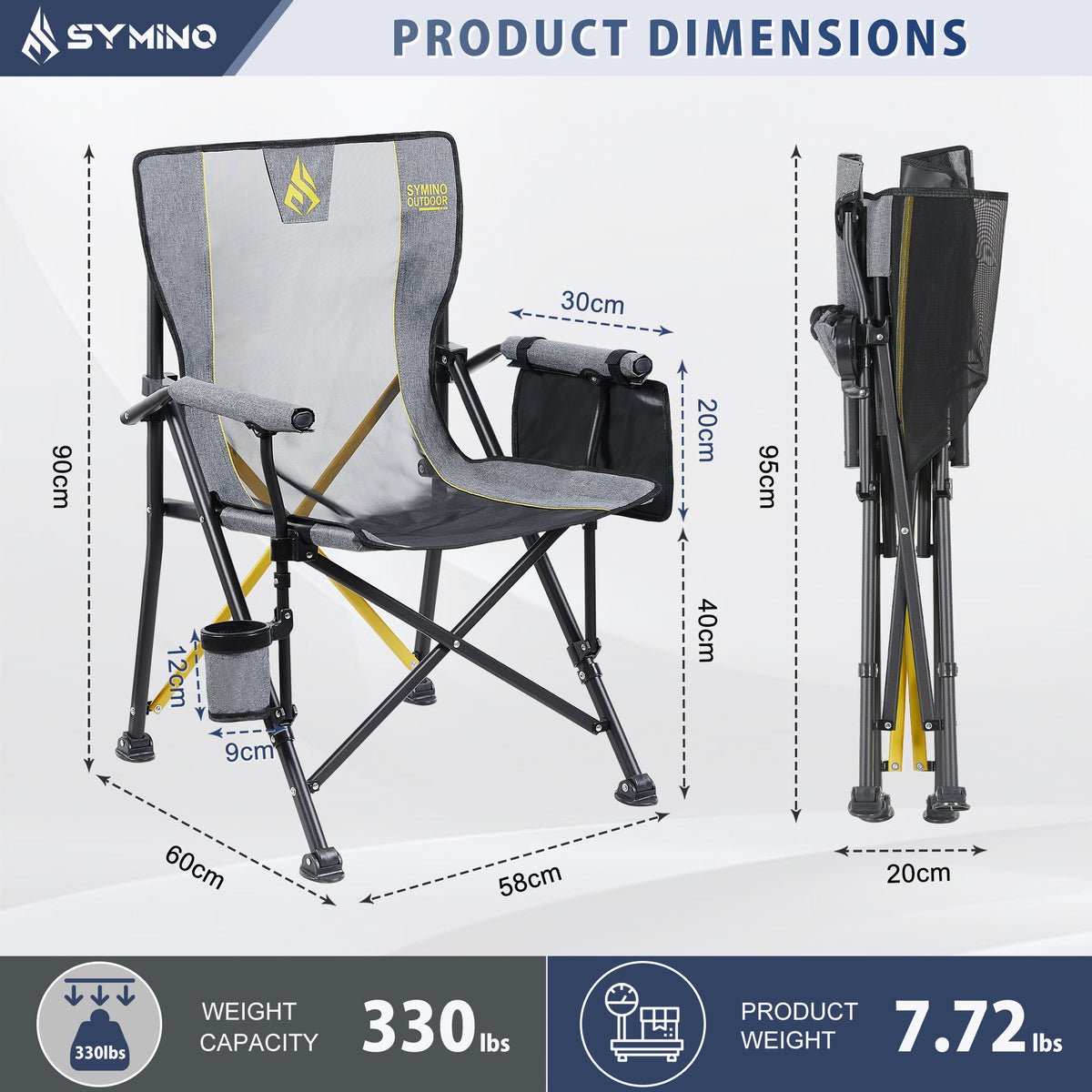 SYMINO Folding Camping Chair for Adults, Heavy Duty 600D Oxford Portable Outdoor Chair with Cup Holder & Carry Bag, Thick Steel Pipe Foldable Chair for Camping, Fishing, Beach, Festival & Picnic
