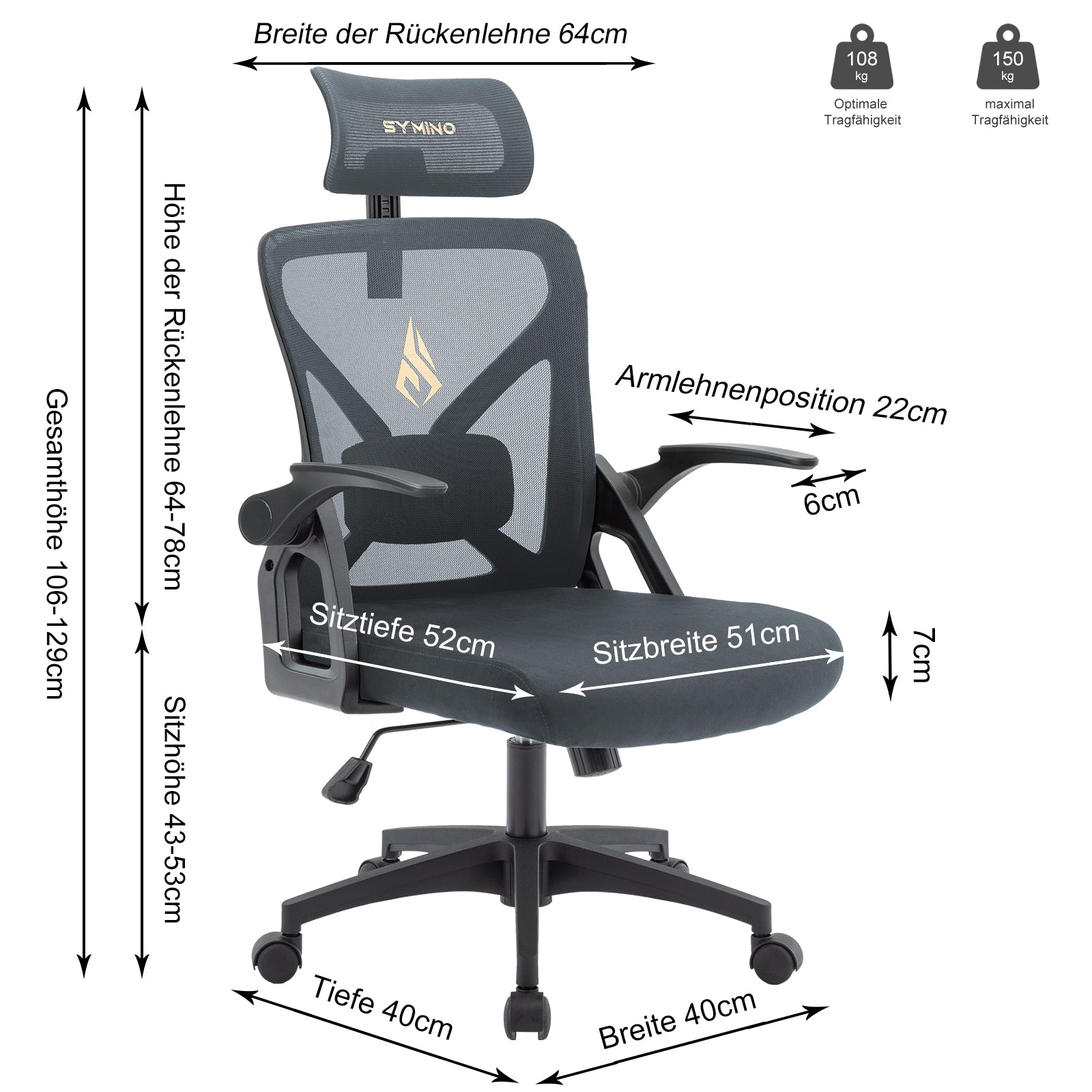 SYMINO (Upgraded Version) Faux Fur & Mesh Office Chair with Swivel and Rocking Function - Grey