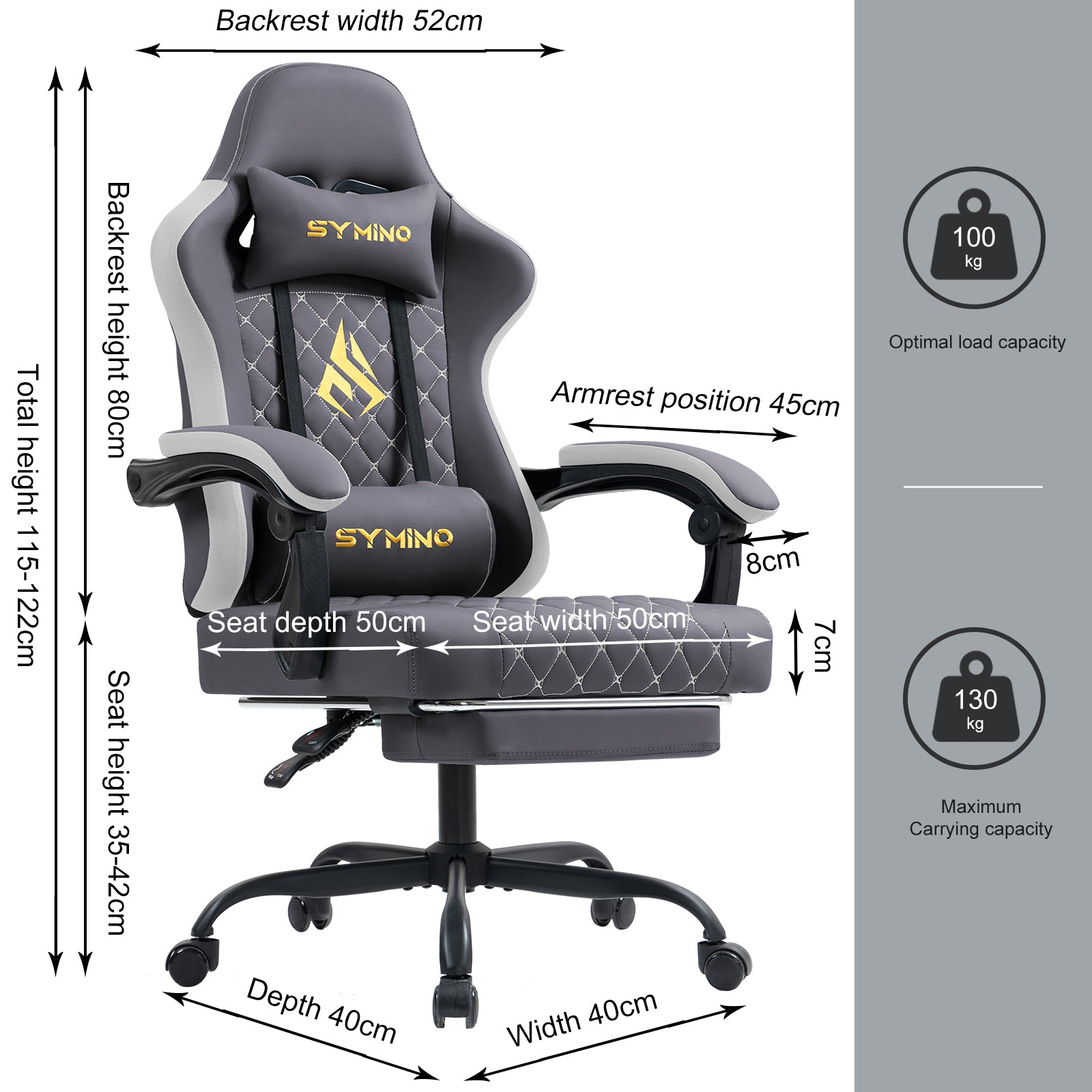 SYMINO Ergonomic PU Leather Racing Style Gaming Chair - Comfortable and Adjustable, Dark Grey