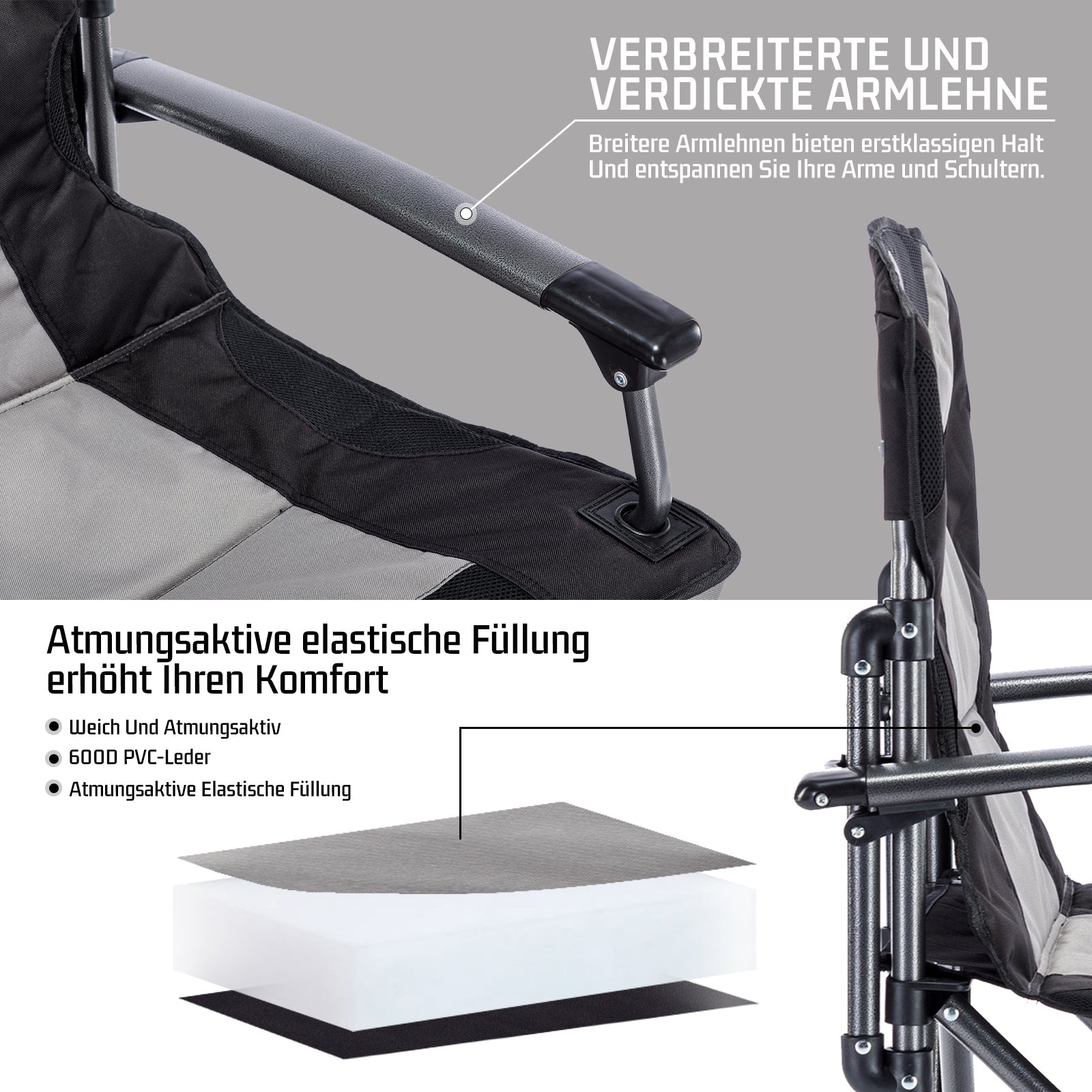 Symino Portable Camping Chair – Lightweight, Foldable, with Armrests, Ideal for Outdoor & Travel, 120kg Capacity, Grey