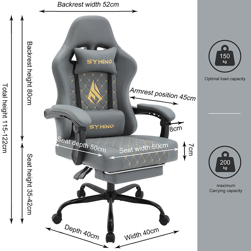 SYMINO Ergonomic PU Leather Racing Style Gaming Chair - Comfortable and Adjustable, Grey.