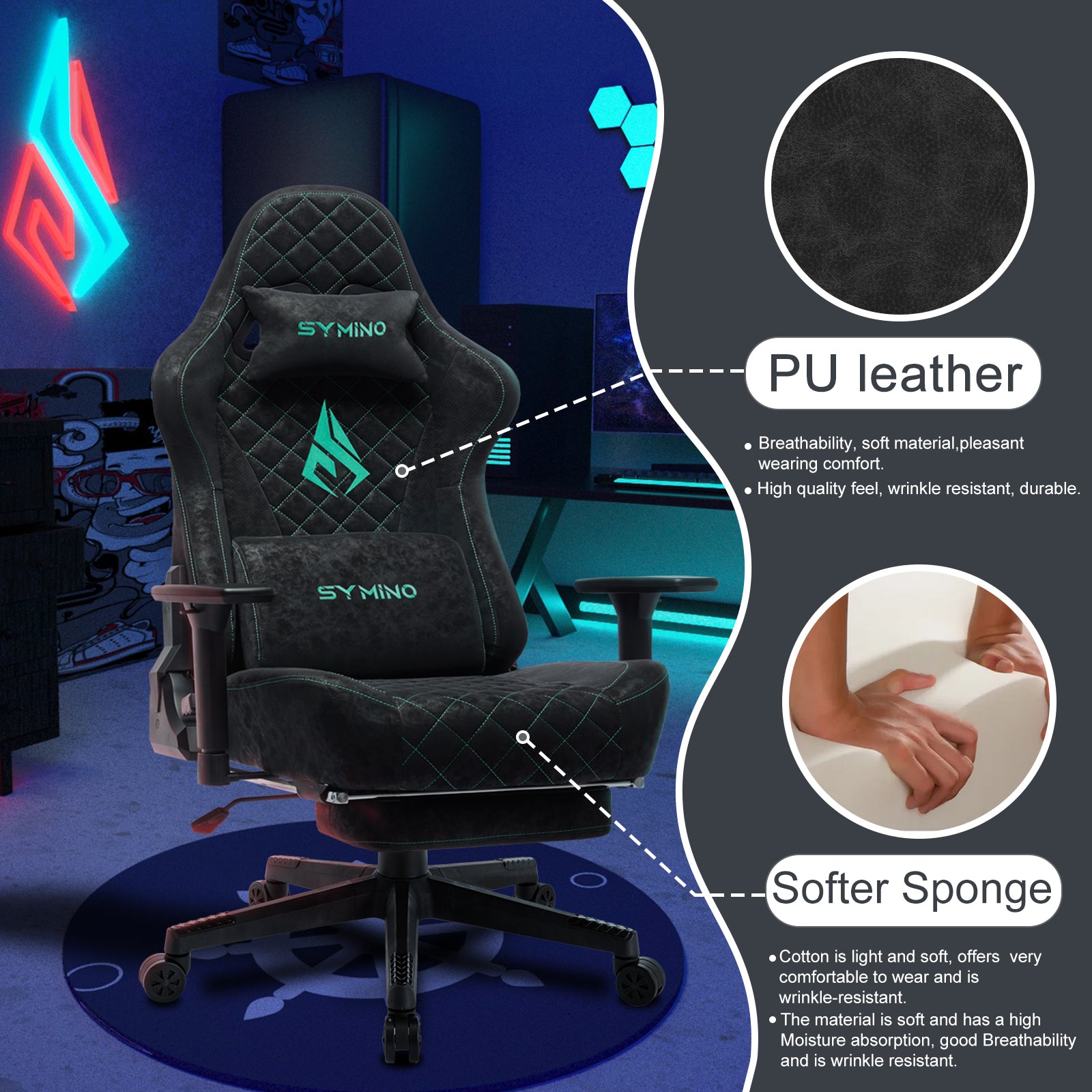 SYMINO Vintage PU Leather Ergonomic Gaming Chair.Black