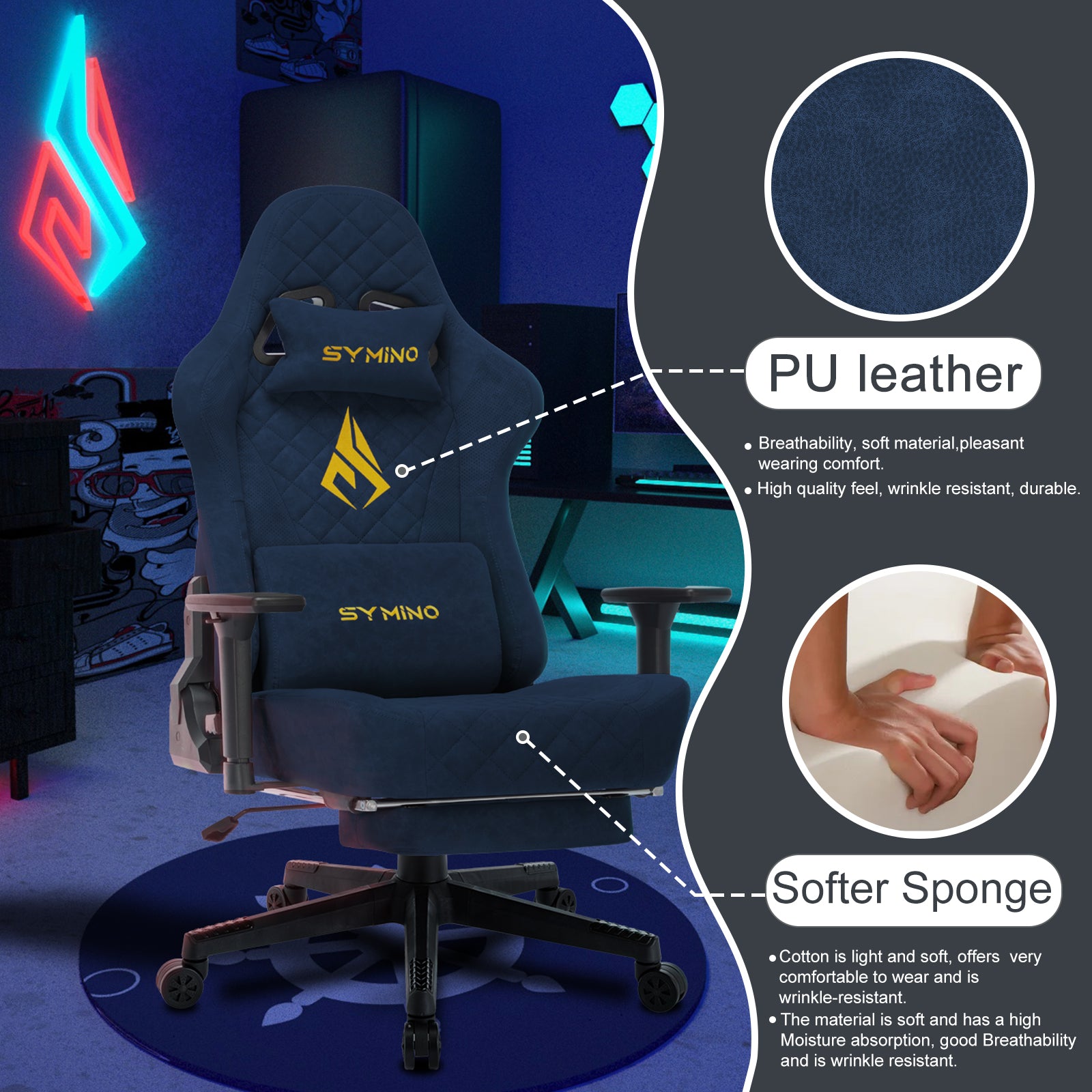 SYMINO Vintage PU Leather Ergonomic Gaming Chair.Blue