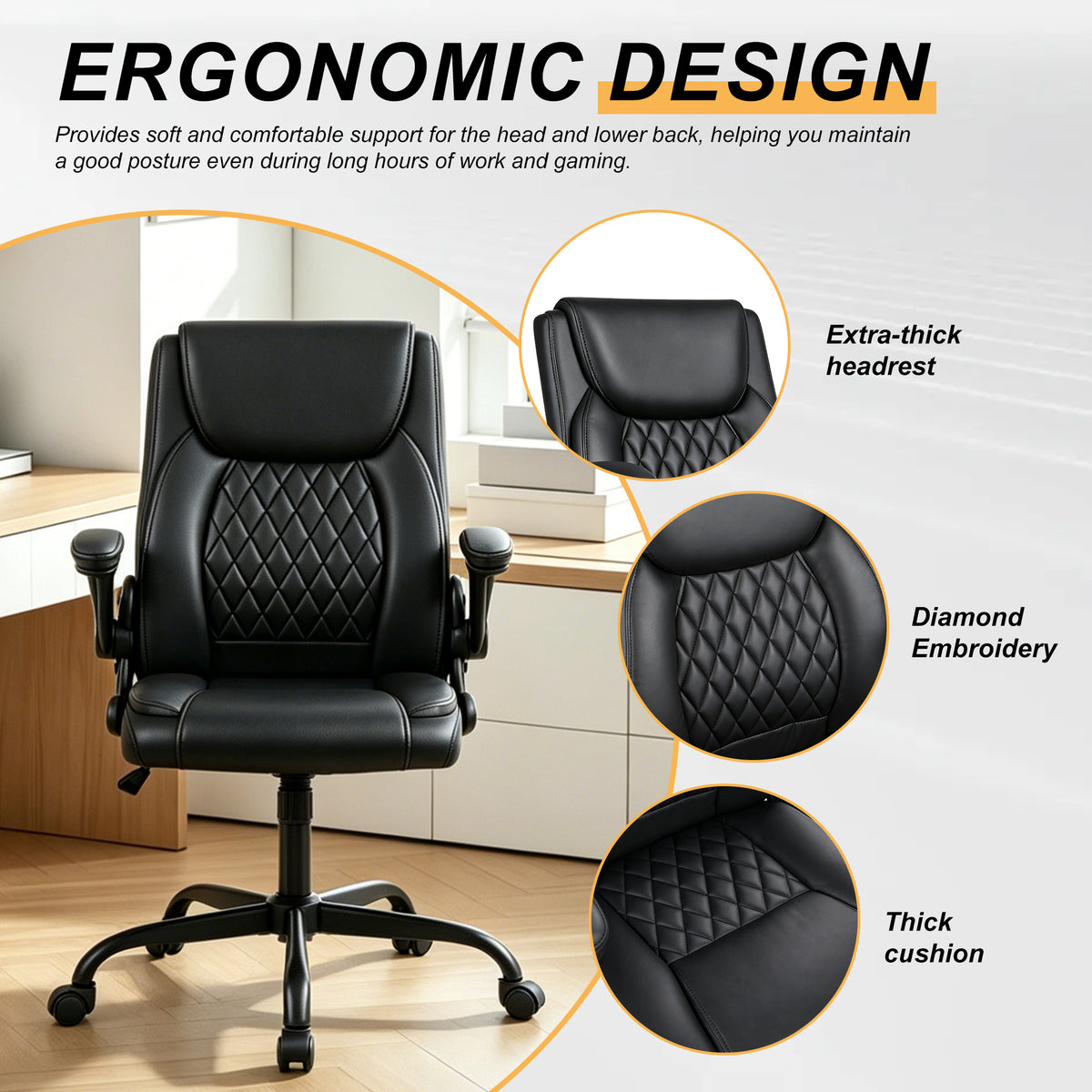 High-Back Executive Office Chair with Padded Armrests & 17° Rocking Function