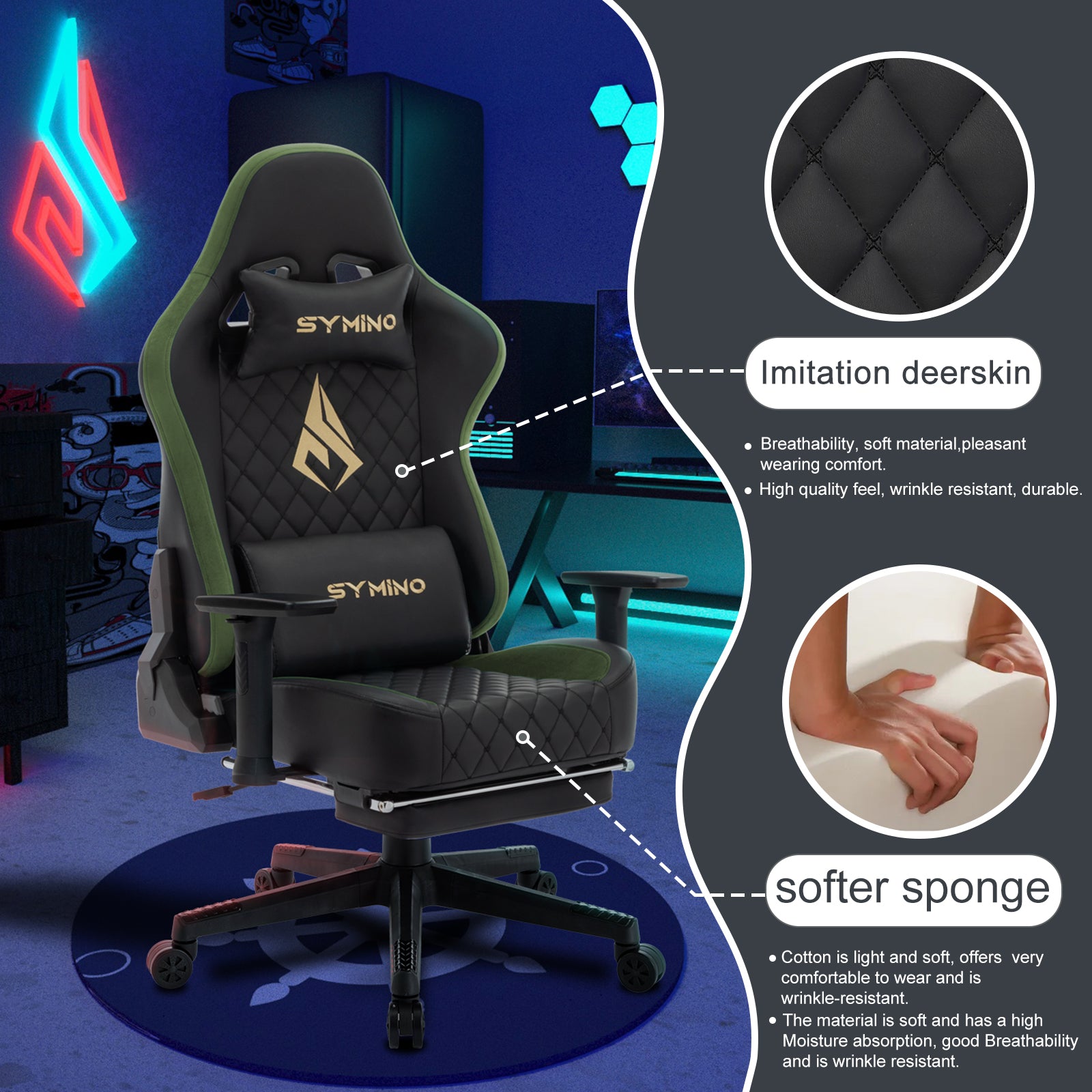 SYMINO Ergonomic Gaming Chair, PU Leather - Black Grass Green, Retro-Style