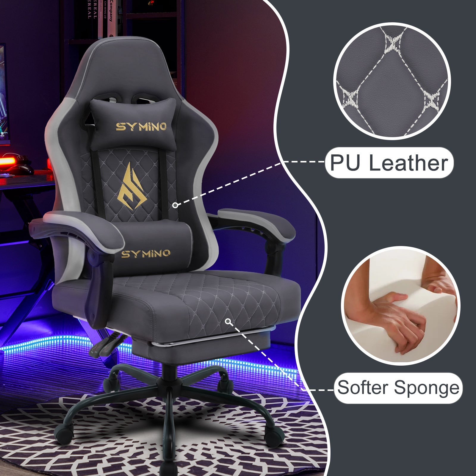 SYMINO Ergonomic PU Leather Racing Style Gaming Chair - Comfortable and Adjustable, Dark Grey