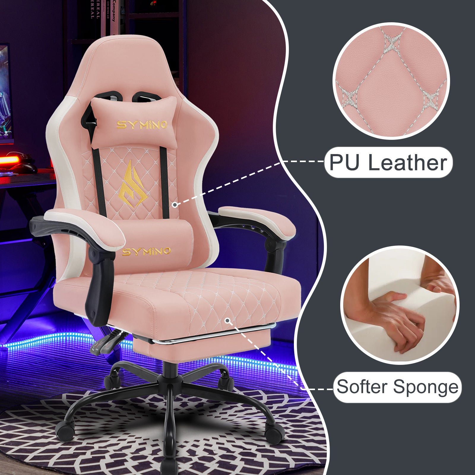 SYMINO Ergonomic PU Leather Racing Style Gaming Chair - Comfortable and Adjustable, Pink/Grey