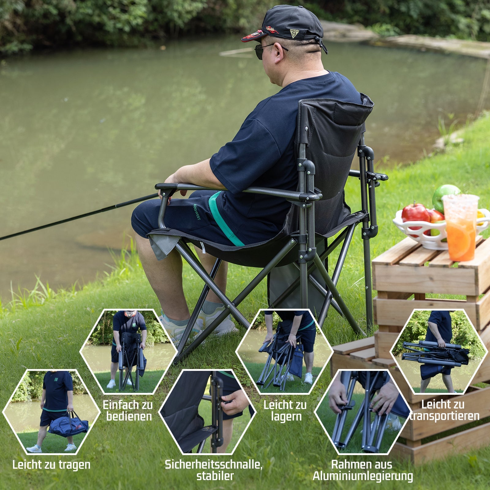 Symino Portable Camping Chair – Lightweight, Foldable, with Armrests, Ideal for Outdoor & Travel, 120kg Capacity, Blue.