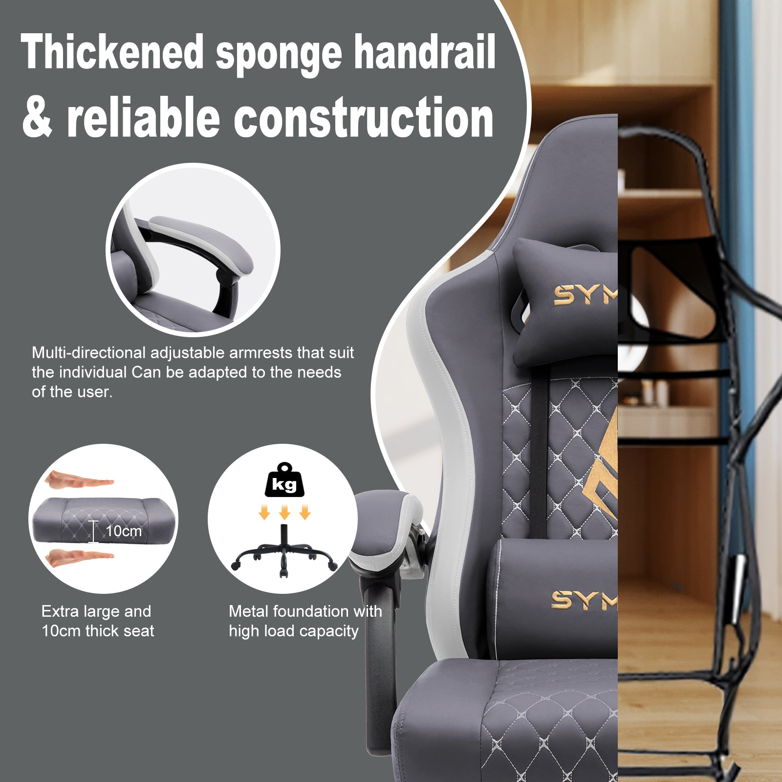 SYMINO Ergonomic PU Leather Racing Style Gaming Chair - Comfortable and Adjustable, Dark Grey