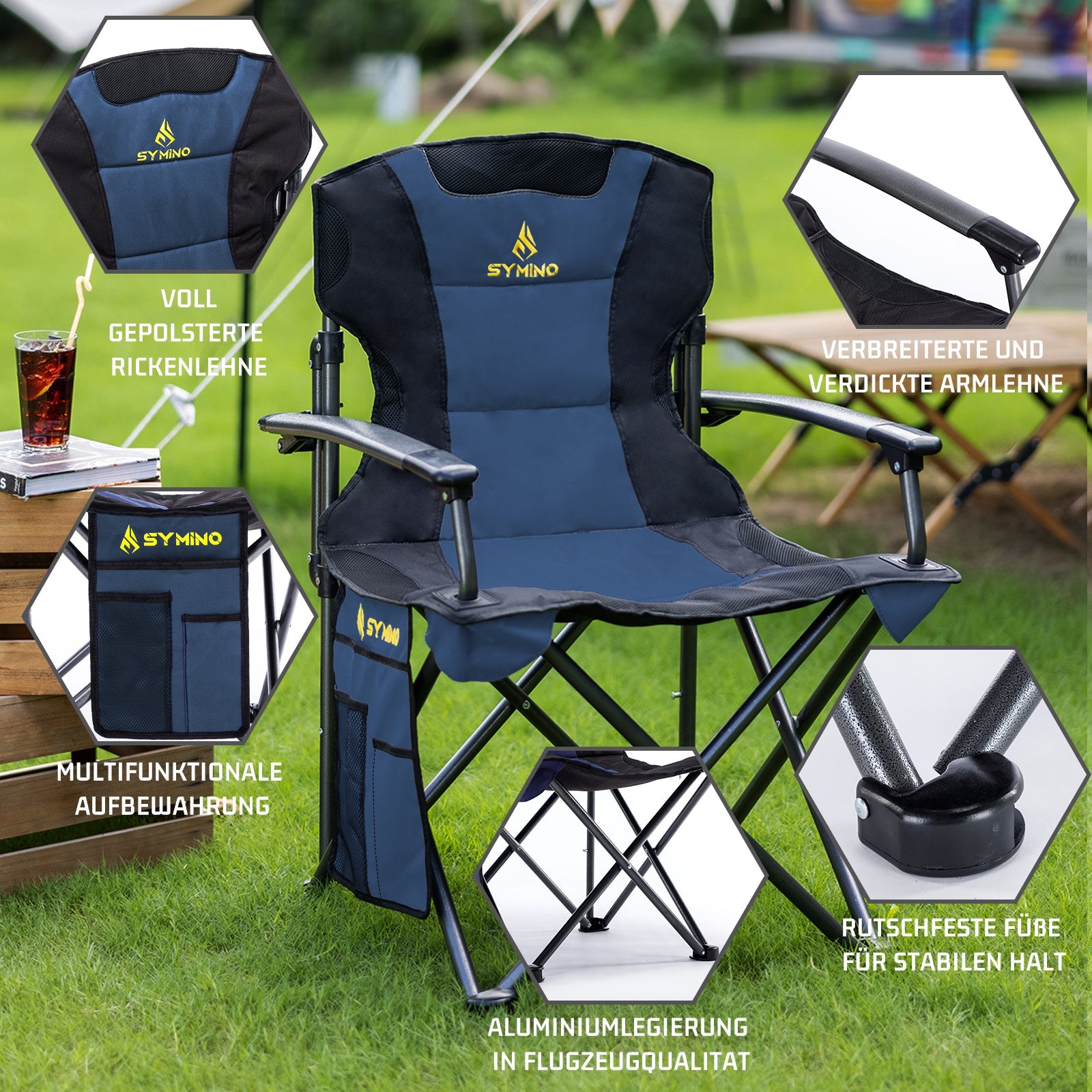 Symino Portable Camping Chair – Lightweight, Foldable, with Armrests, Ideal for Outdoor & Travel, 120kg Capacity, Blue.