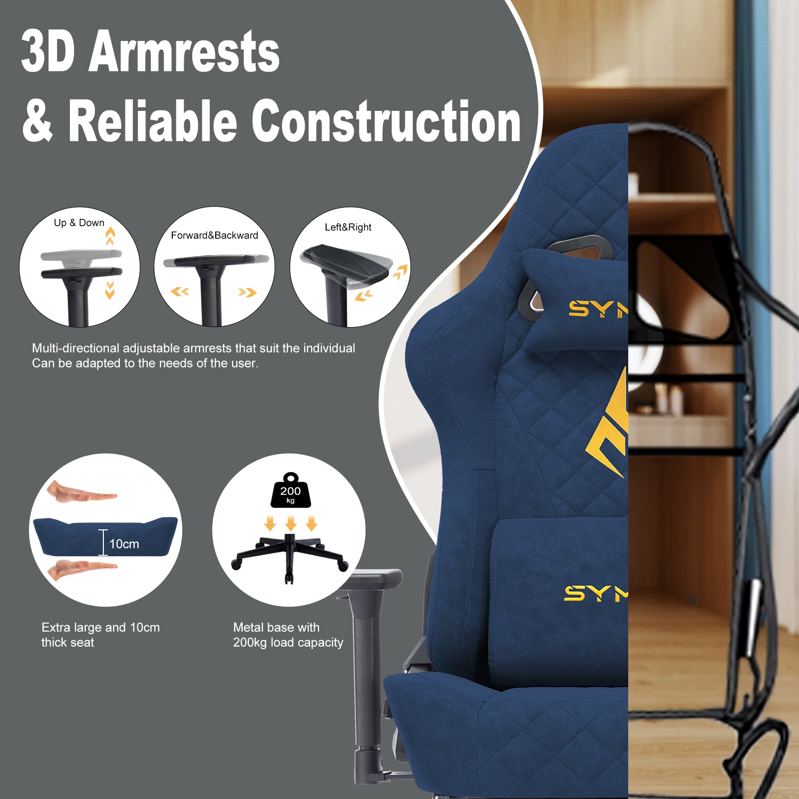 SYMINO Vintage PU Leather Ergonomic Gaming Chair.Blue