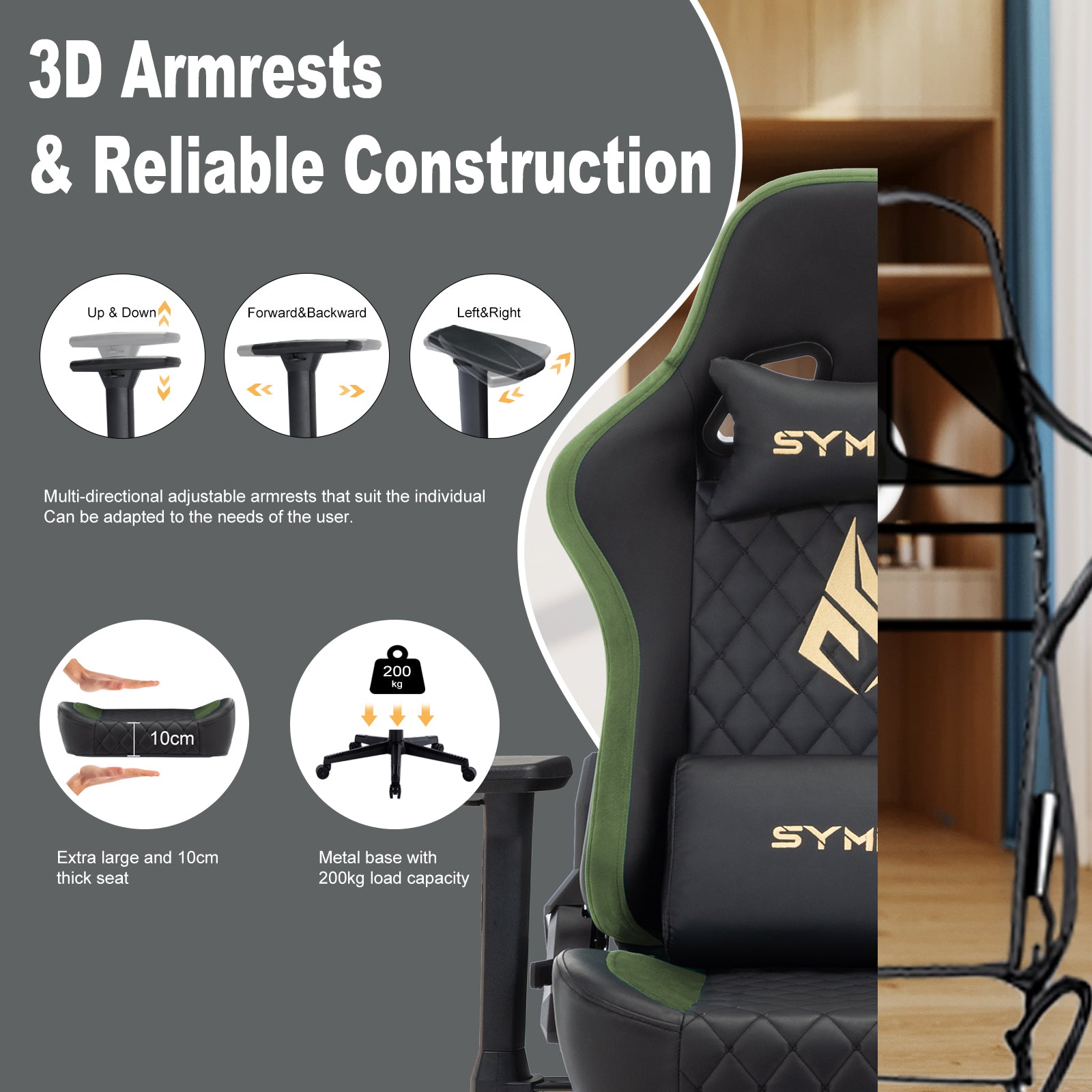 SYMINO Ergonomic Gaming Chair, PU Leather - Black Grass Green, Retro-Style