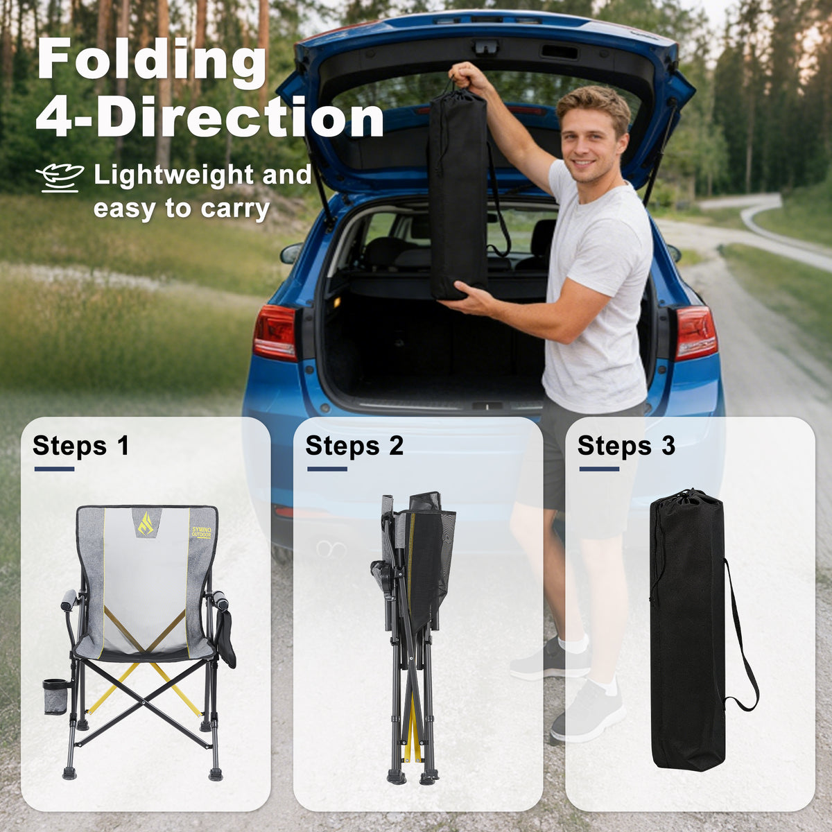 SYMINO Folding Camping Chair for Adults, Heavy Duty 600D Oxford Portable Outdoor Chair with Cup Holder & Carry Bag, Thick Steel Pipe Foldable Chair for Camping, Fishing, Beach, Festival & Picnic