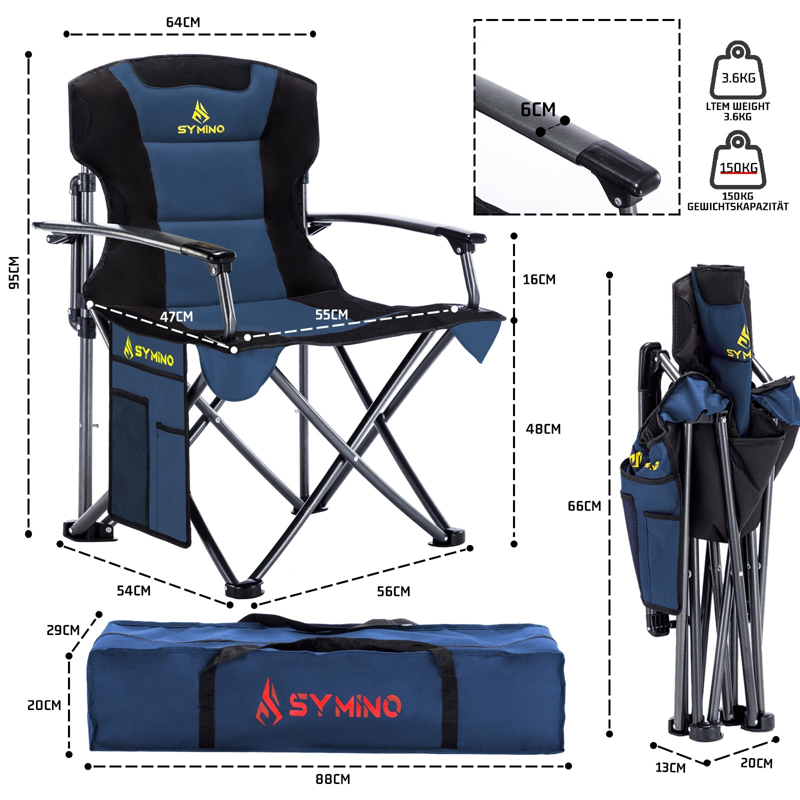 Symino Portable Camping Chair – Lightweight, Foldable, with Armrests, Ideal for Outdoor & Travel, 120kg Capacity, Blue.