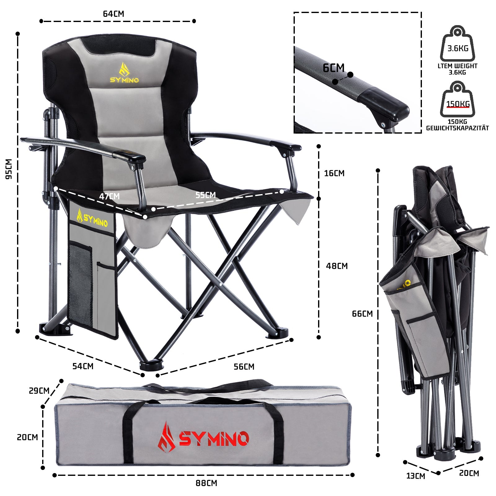Symino Portable Camping Chair – Lightweight, Foldable, with Armrests, Ideal for Outdoor & Travel, 120kg Capacity, Grey