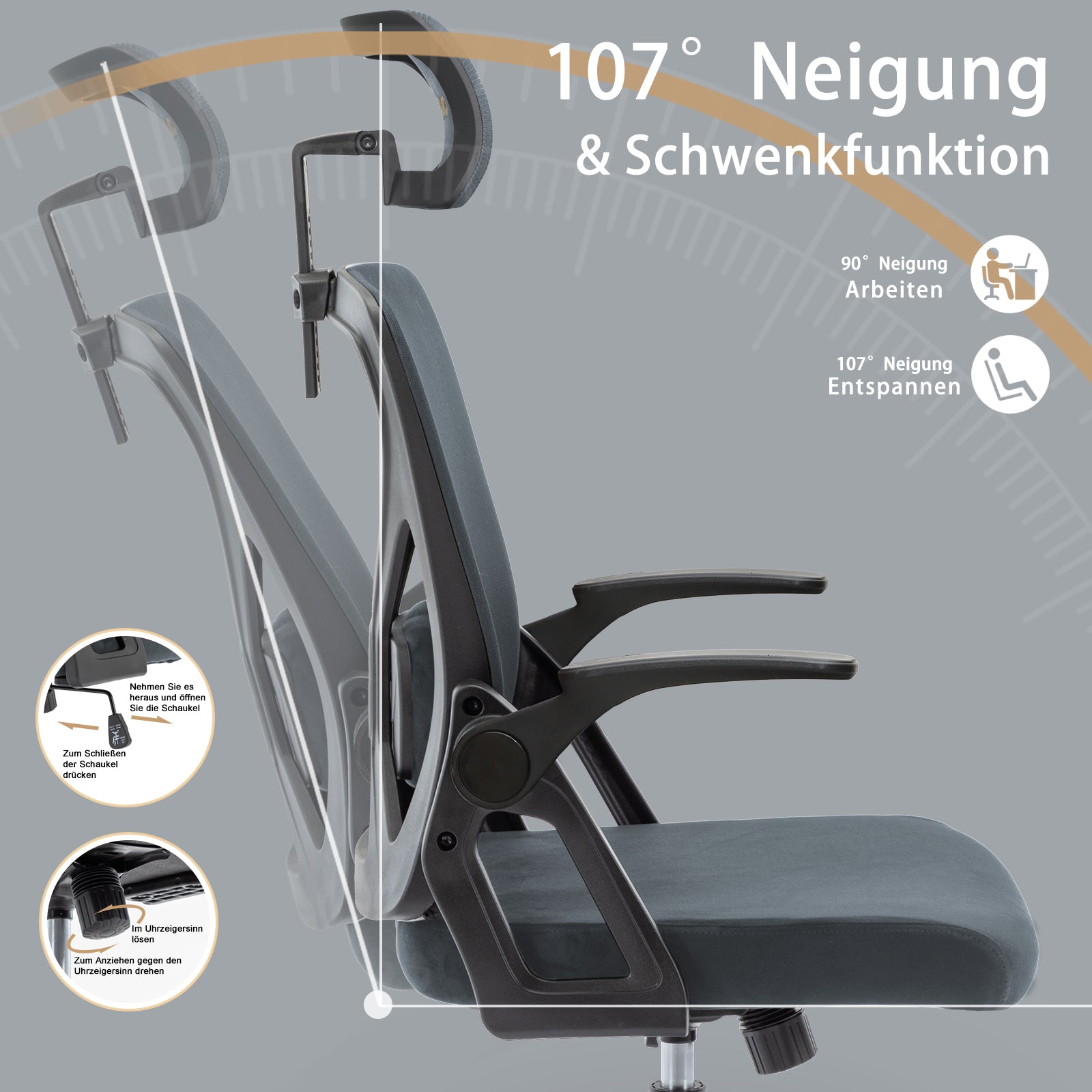 SYMINO (Upgraded Version) Faux Fur & Mesh Office Chair with Swivel and Rocking Function - Grey
