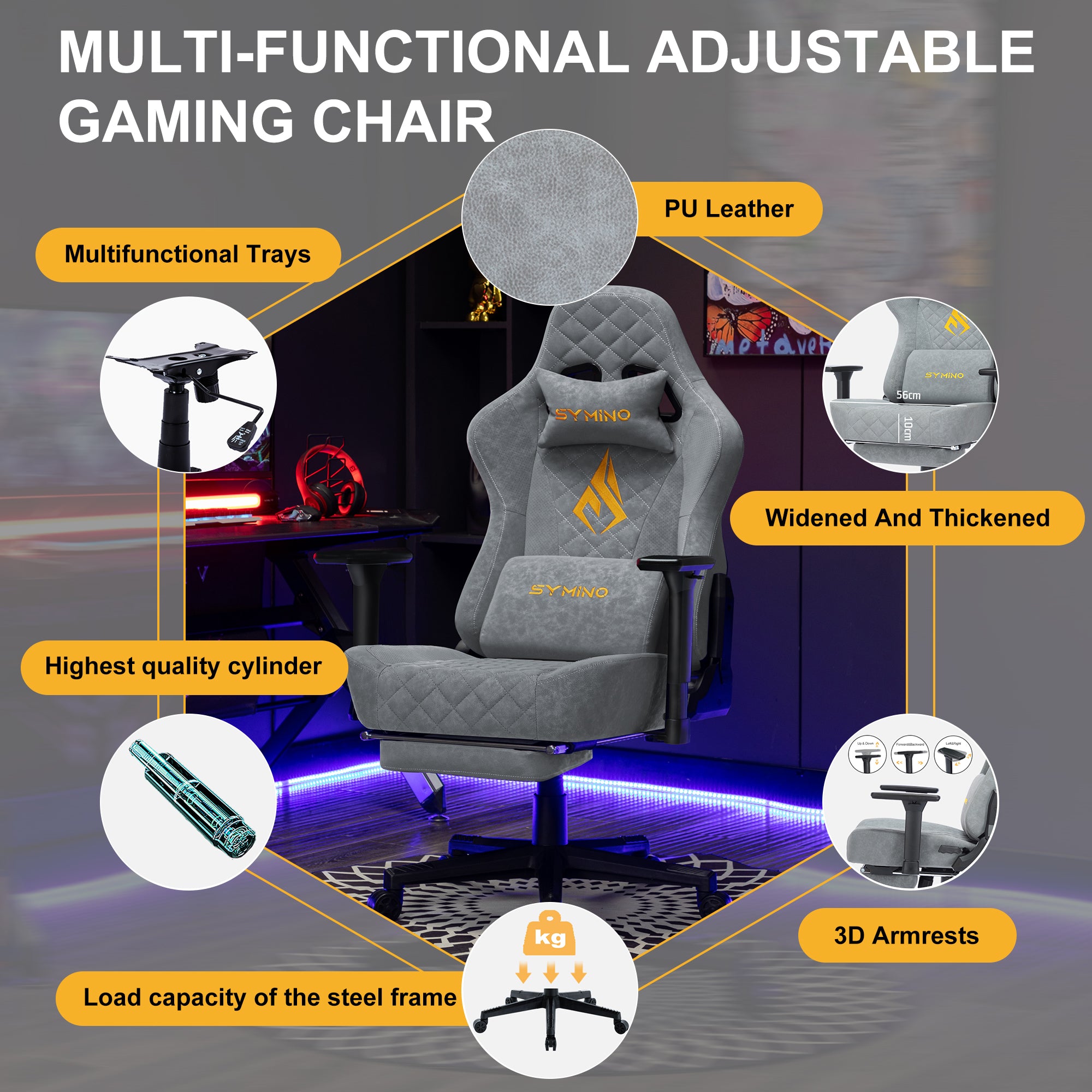 SYMINO Vintage PU Leather Ergonomic Gaming Chair.Grey