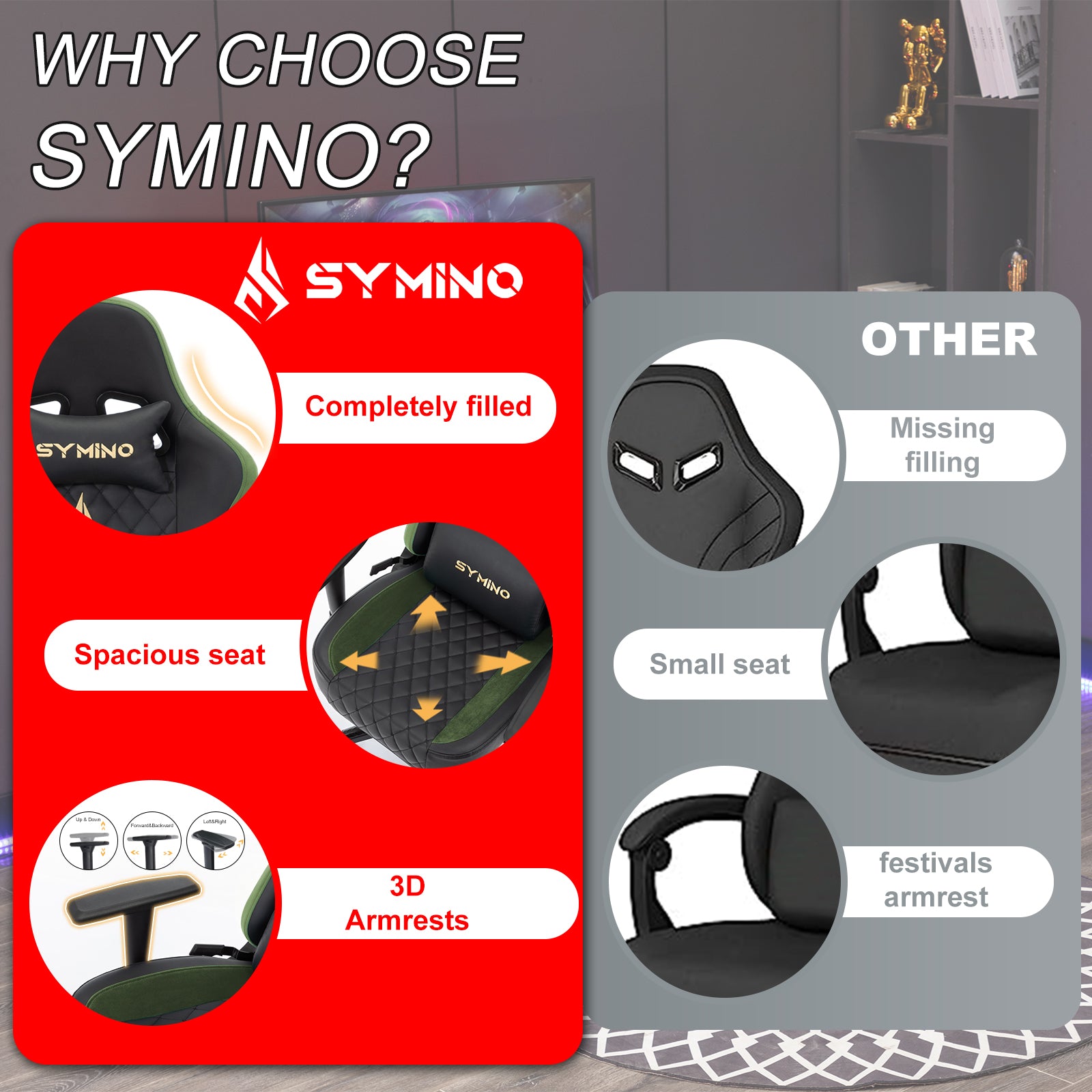 SYMINO Ergonomic Gaming Chair, PU Leather - Black Grass Green, Retro-Style