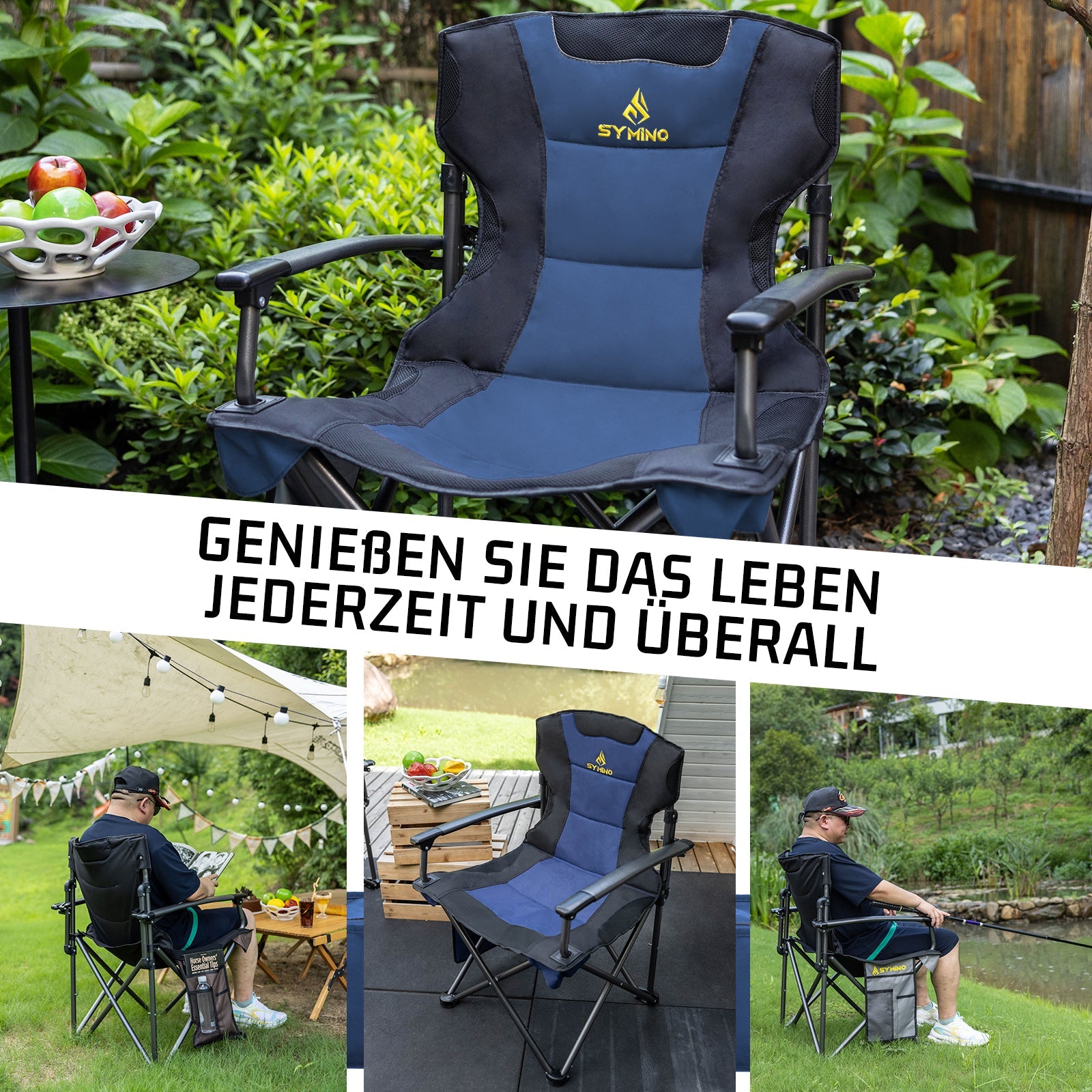 Symino Portable Camping Chair – Lightweight, Foldable, with Armrests, Ideal for Outdoor & Travel, 120kg Capacity, Blue.