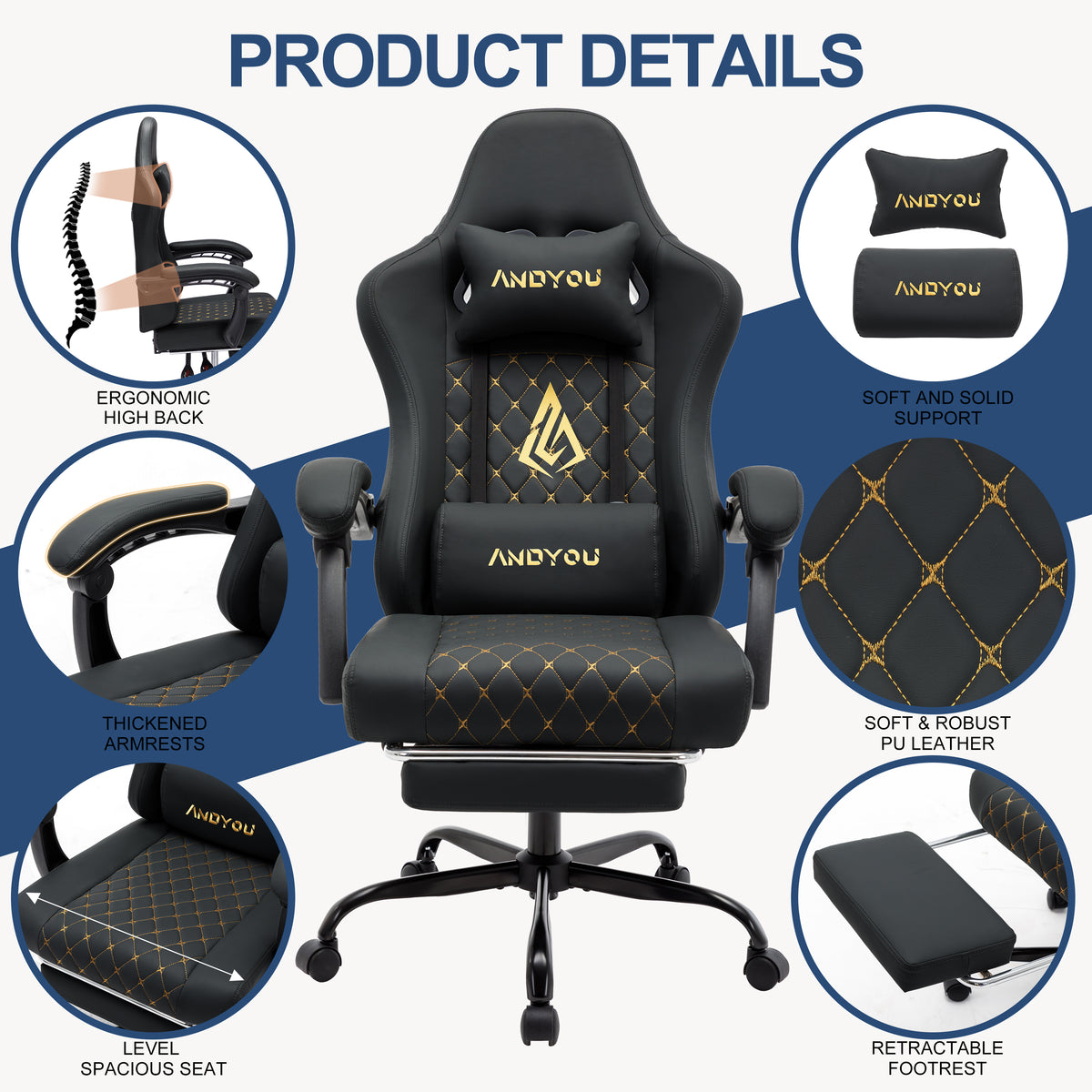 ANDYOU (Upgraded from SYMINO): Ergonomic PU Leather Racing Style Gaming Chair - Comfortable and Adjustable, Black