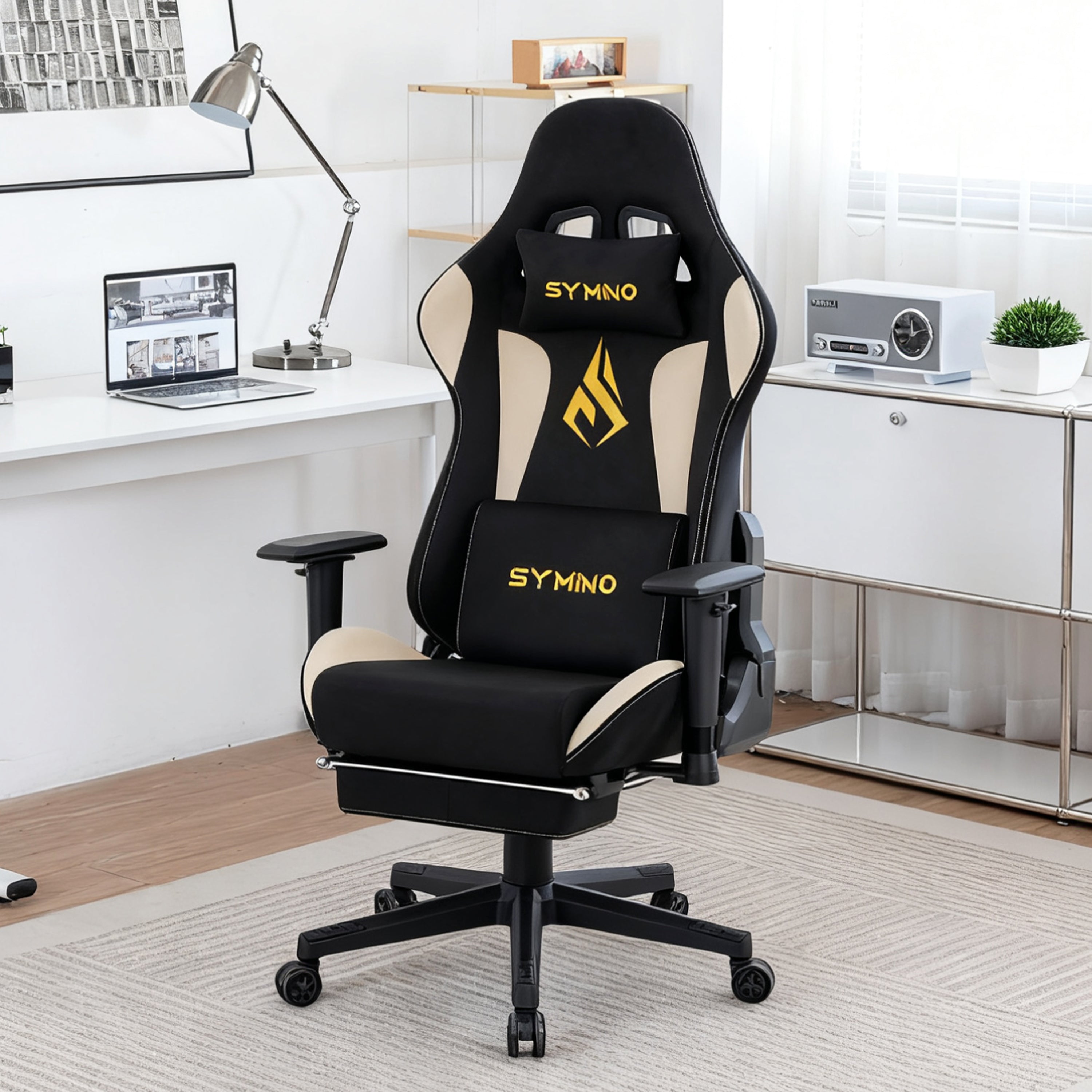 SYMINO Breathable Gaming Chair with Footrest, Height Adjustable & 360° Swivel BLACKBEIGE