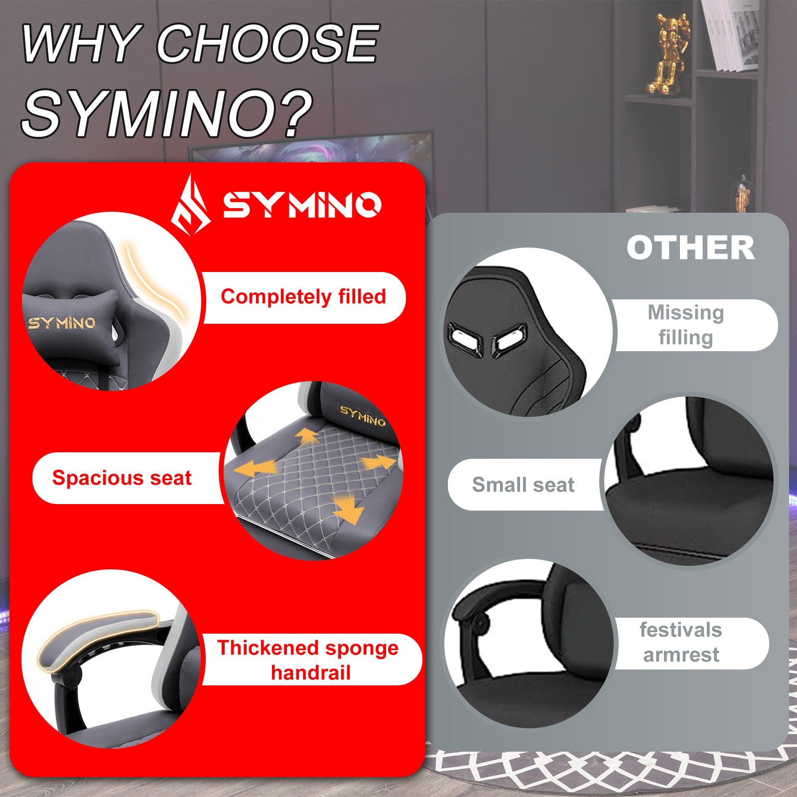 SYMINO Ergonomic PU Leather Racing Style Gaming Chair - Comfortable and Adjustable, Dark Grey