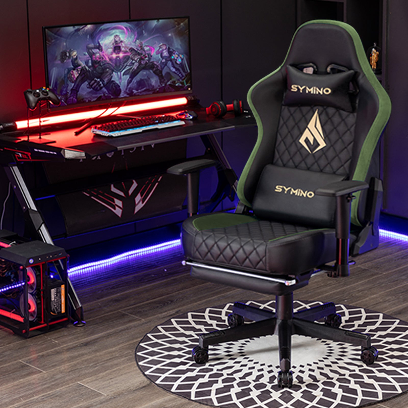 SYMINO Ergonomic Gaming Chair, PU Leather - Black Grass Green, Retro-Style