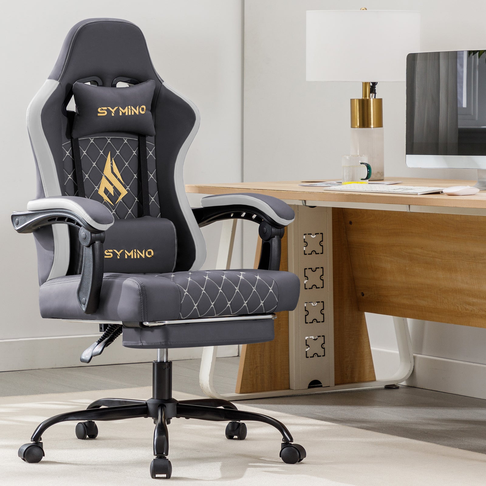 SYMINO Ergonomic PU Leather Racing Style Gaming Chair - Comfortable and Adjustable, Dark Grey