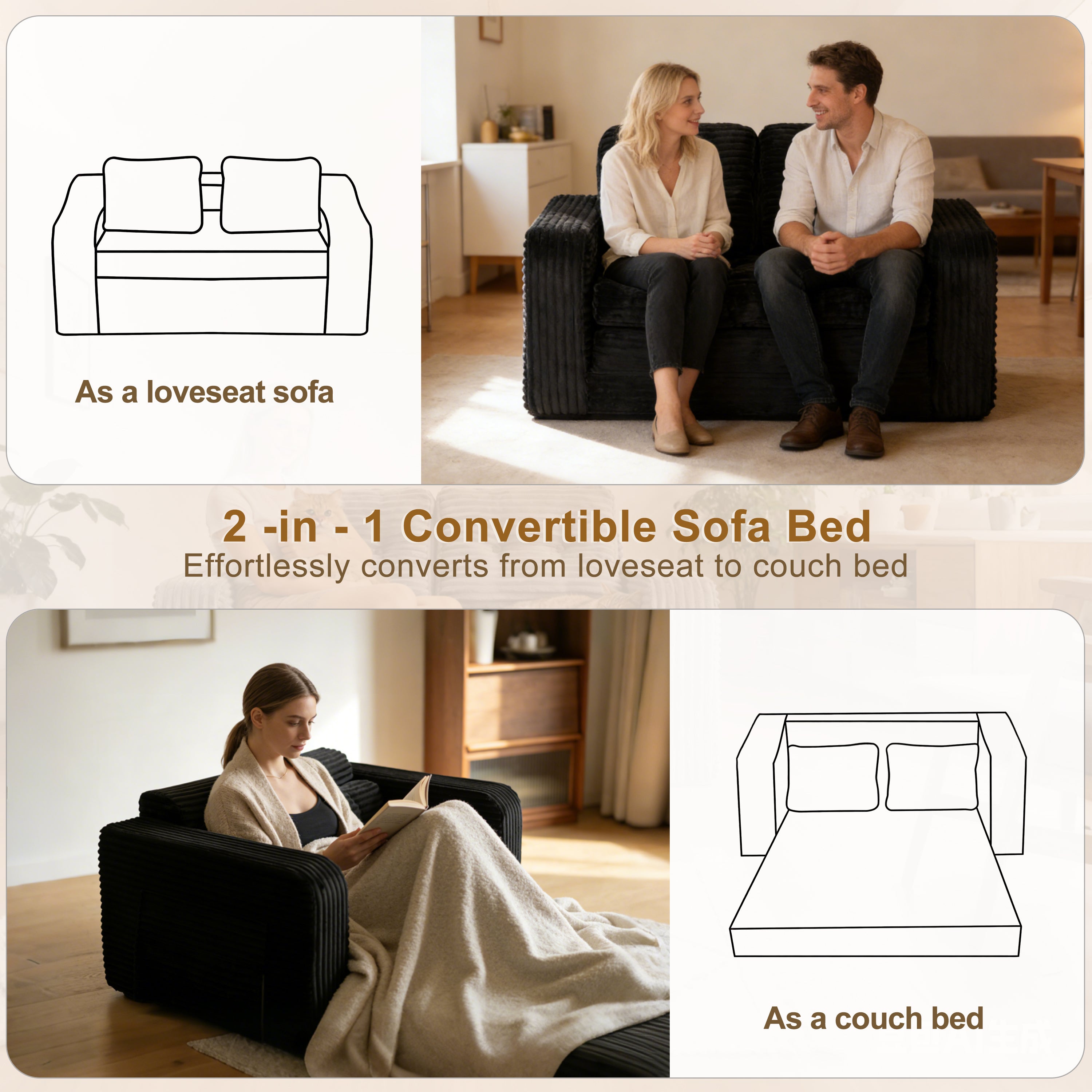 Pop-Up Compression Sofa, Single/Double Seat Options, Corduroy Multifunctional Sofa Bed for Small Apartments, Balconies & Dorms, No Assembly Required