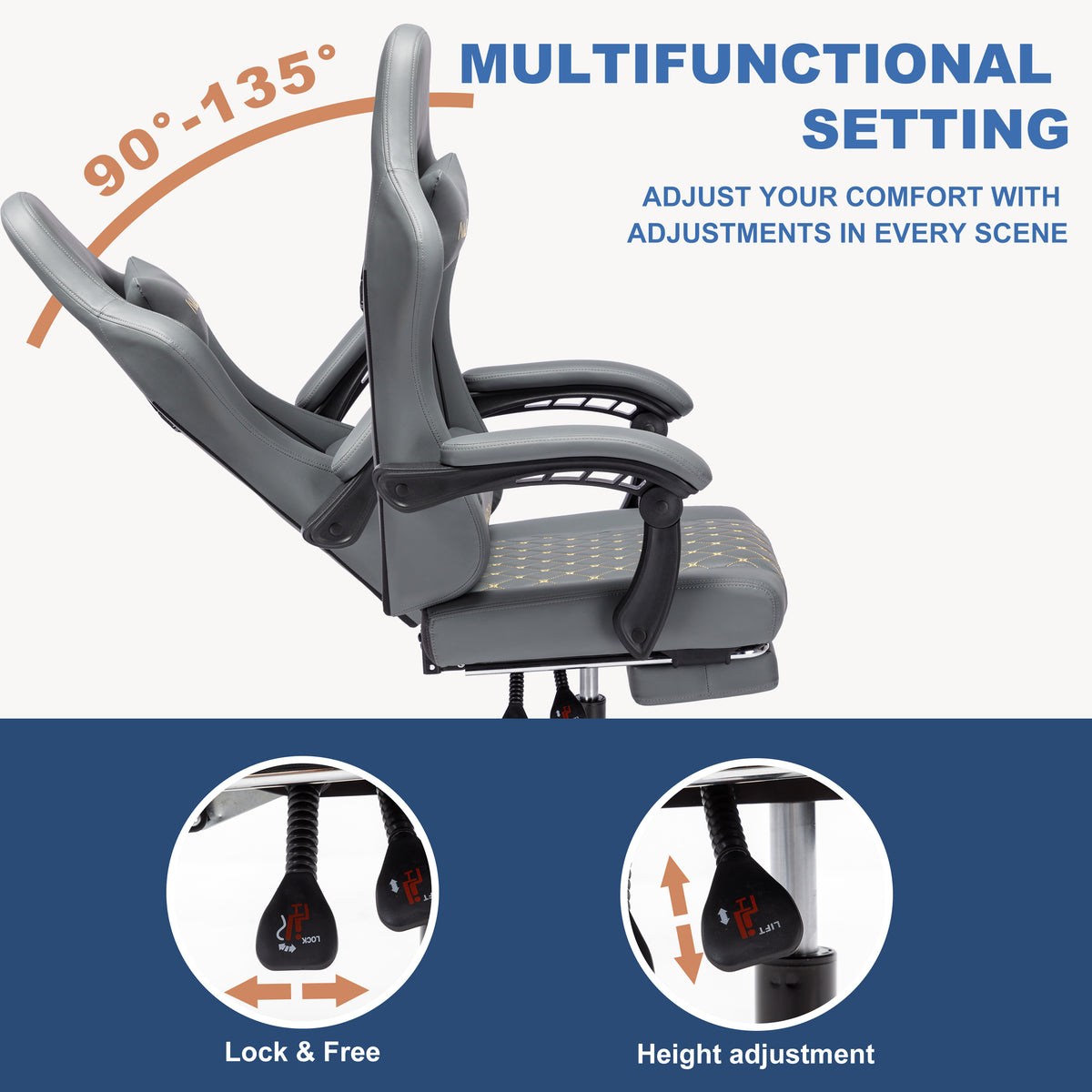 ANDYOU (Upgraded from SYMINO): Ergonomic PU Leather Racing Style Gaming Chair - Comfortable and Adjustable, Grey