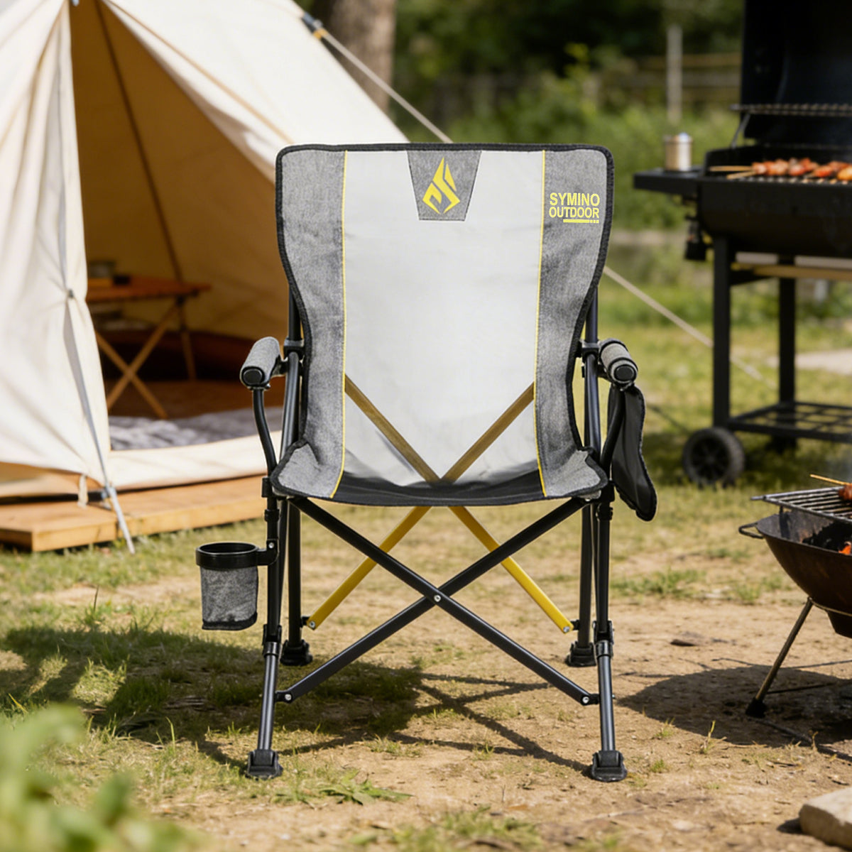 SYMINO Folding Camping Chair for Adults, Heavy Duty 600D Oxford Portable Outdoor Chair with Cup Holder & Carry Bag, Thick Steel Pipe Foldable Chair for Camping, Fishing, Beach, Festival & Picnic