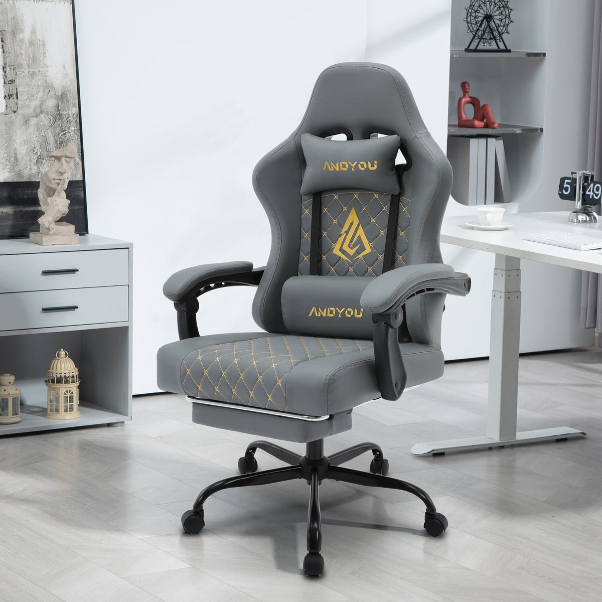 ANDYOU (Upgraded from SYMINO): Ergonomic PU Leather Racing Style Gaming Chair - Comfortable and Adjustable, Grey