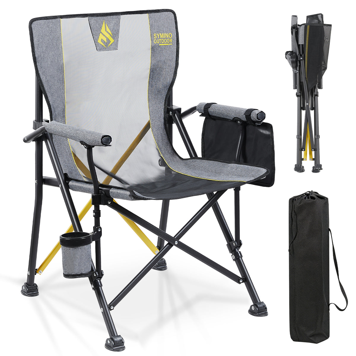 SYMINO Folding Camping Chair for Adults, Heavy Duty 600D Oxford Portable Outdoor Chair with Cup Holder & Carry Bag, Thick Steel Pipe Foldable Chair for Camping, Fishing, Beach, Festival & Picnic