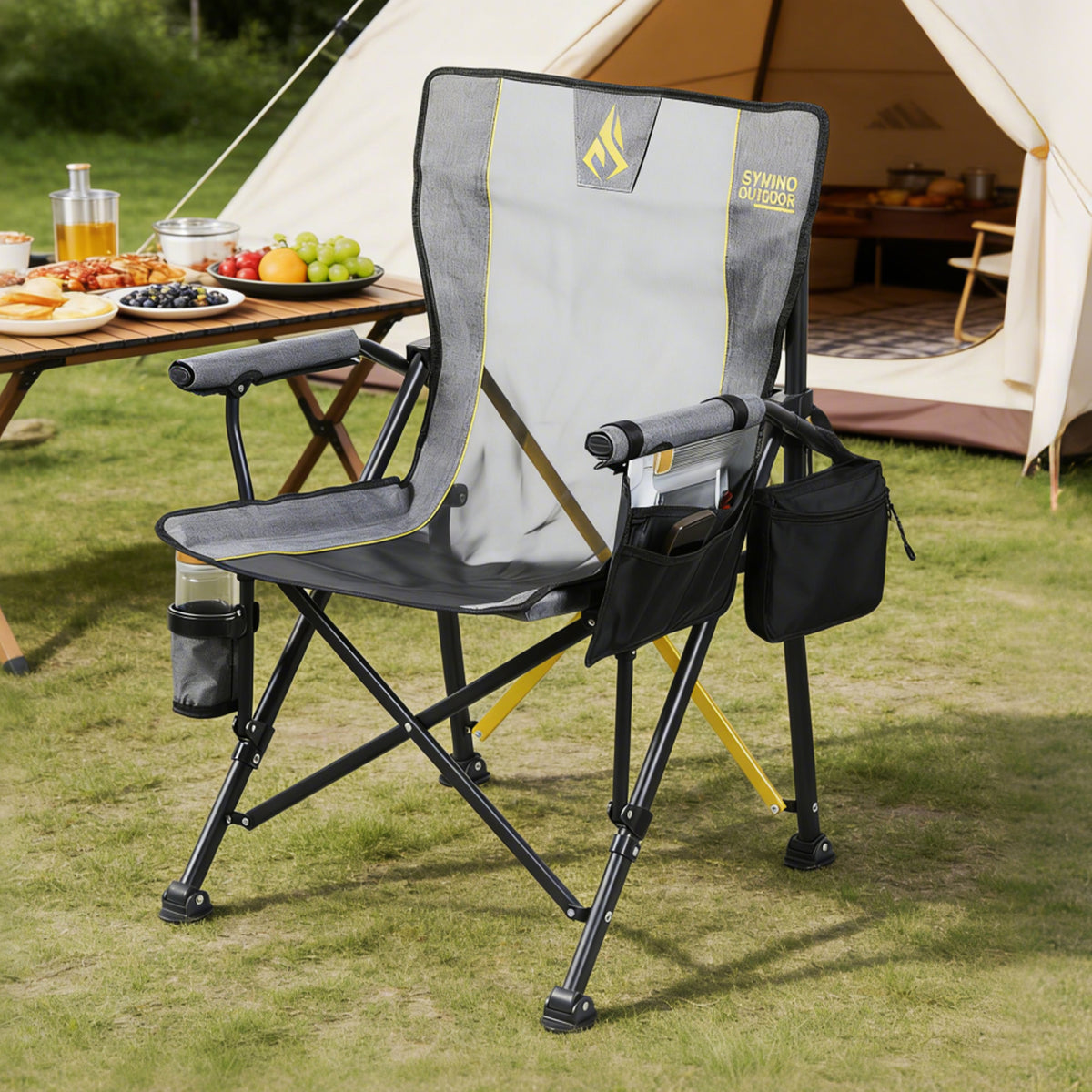 SYMINO Folding Camping Chair for Adults, Heavy Duty 600D Oxford Portable Outdoor Chair with Cup Holder & Carry Bag, Thick Steel Pipe Foldable Chair for Camping, Fishing, Beach, Festival & Picnic