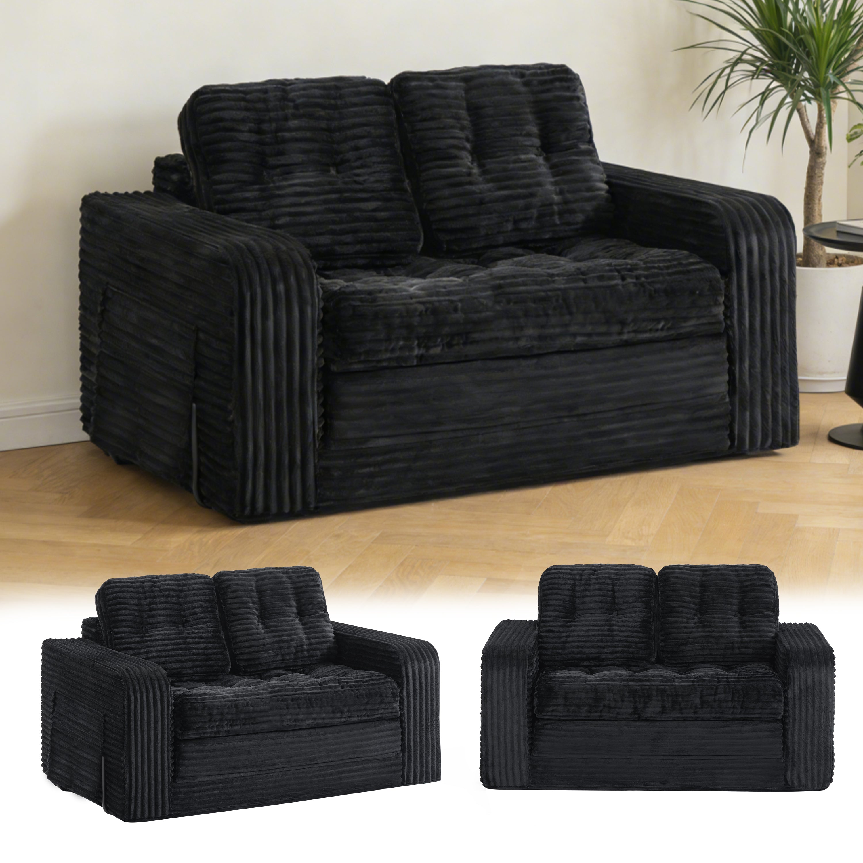 Pop-Up Compression Sofa, Single/Double Seat Options, Corduroy Multifunctional Sofa Bed for Small Apartments, Balconies & Dorms, No Assembly Required