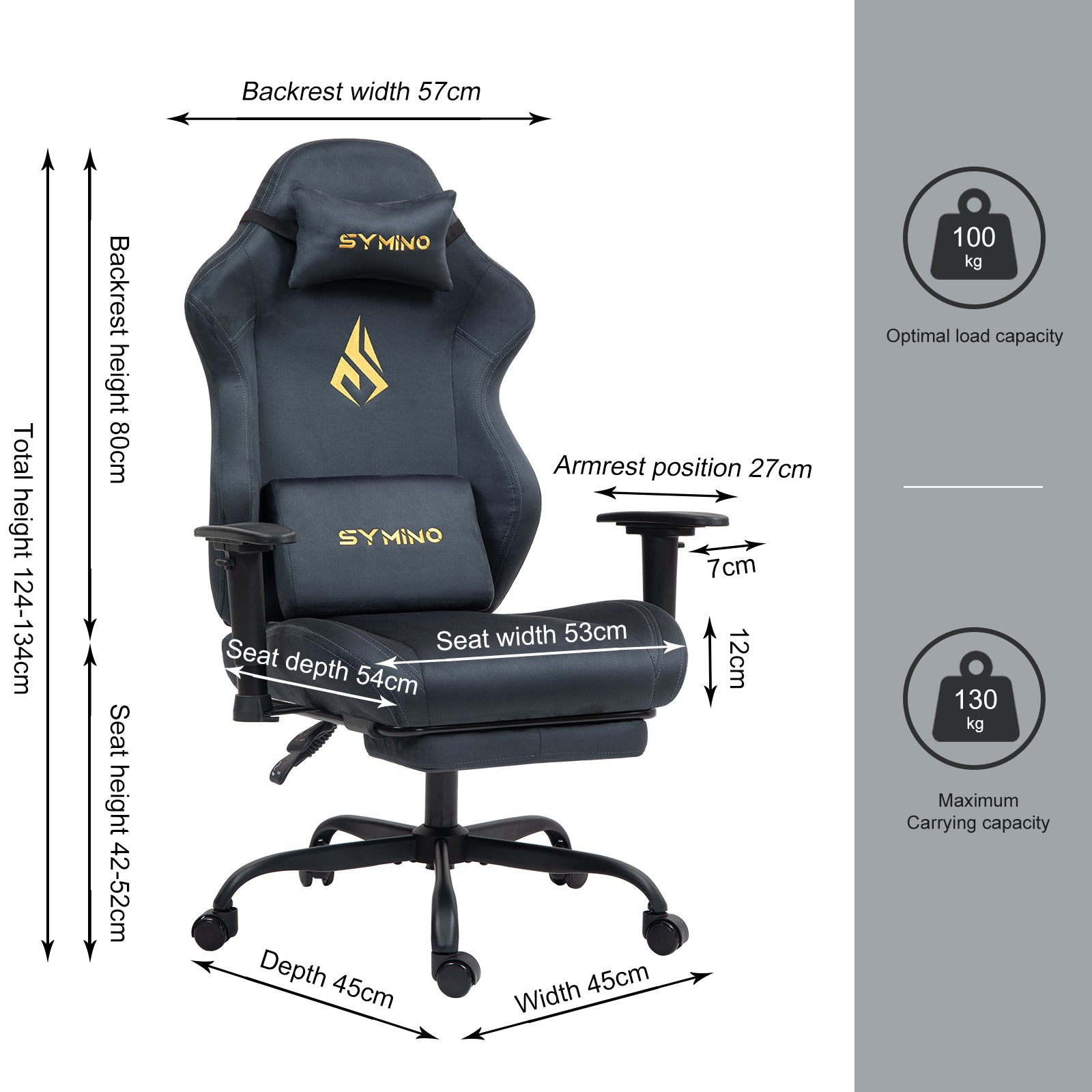 SYMINO Ergonomic Gaming Chair with Footrest, Breathable and Adjustable, Grey