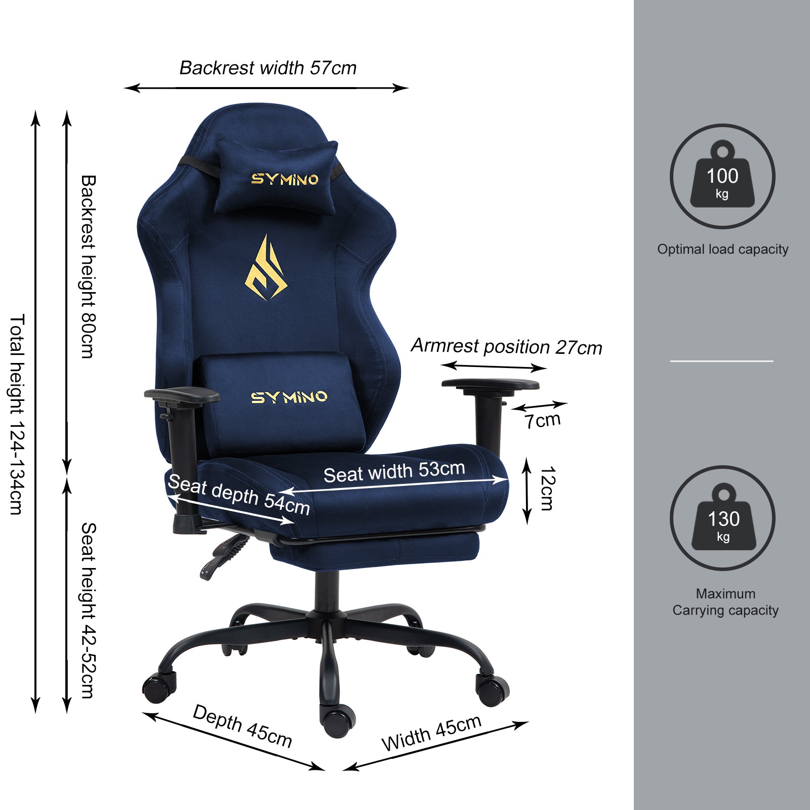 SYMINO Ergonomic Gaming Chair with Footrest, Breathable and Adjustable, Dark Blue