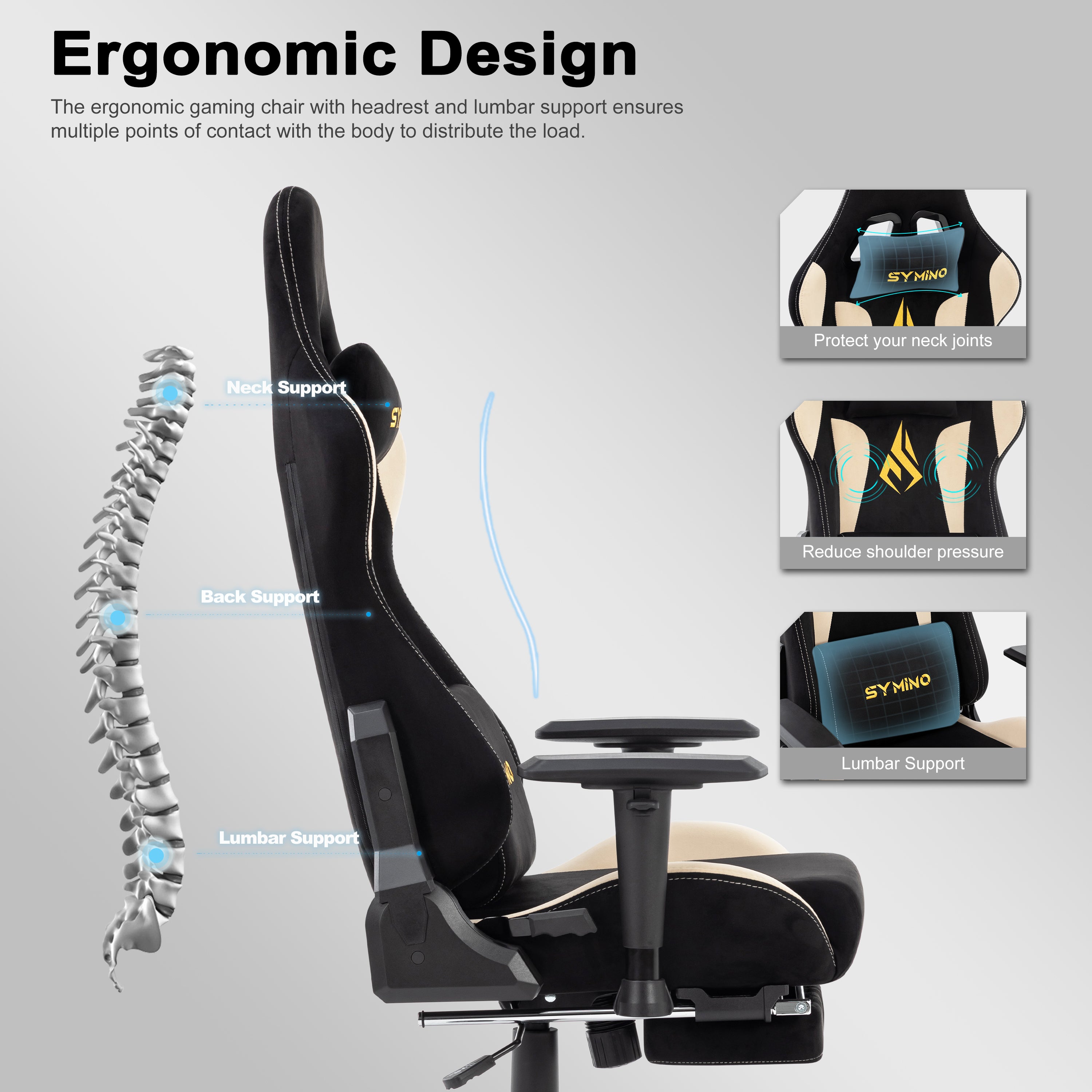 SYMINO Breathable Gaming Chair with Footrest, Height Adjustable & 360° Swivel BLACKBEIGE