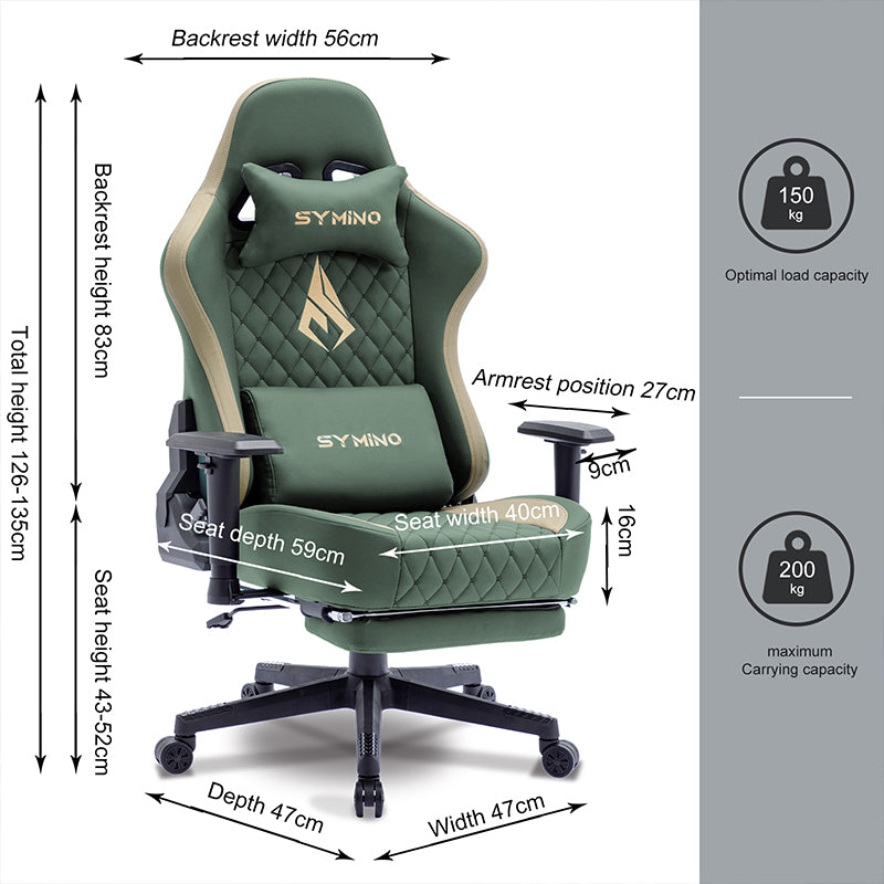 SYMINO Ergonomic Gaming Chair, PU Leather - Green, Retro-Style