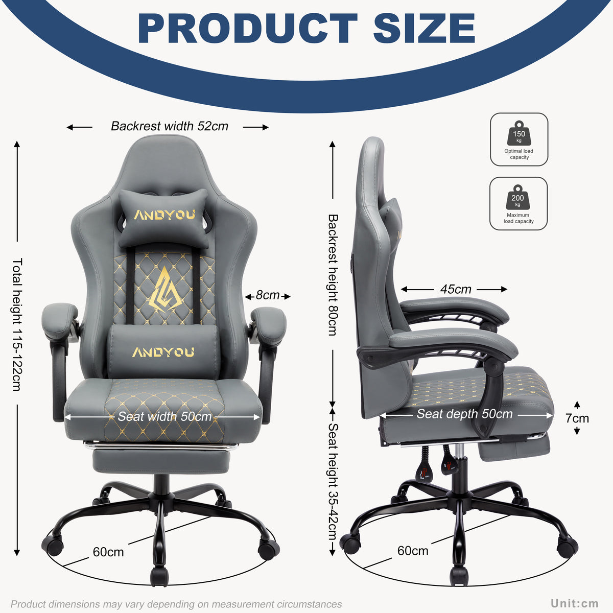 ANDYOU (Upgraded from SYMINO):  Ergonomic PU Leather Racing Style Gaming Chair - Comfortable and Adjustable, Grey