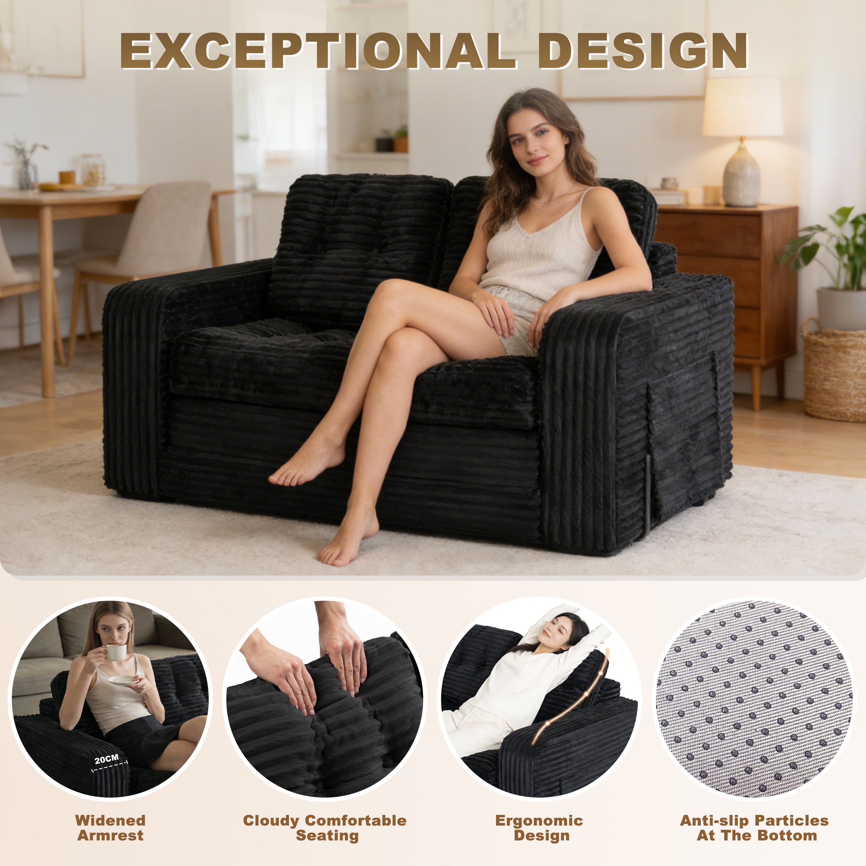 Pop-Up Compression Sofa, Single/Double Seat Options, Corduroy Multifunctional Sofa Bed for Small Apartments, Balconies & Dorms, No Assembly Required
