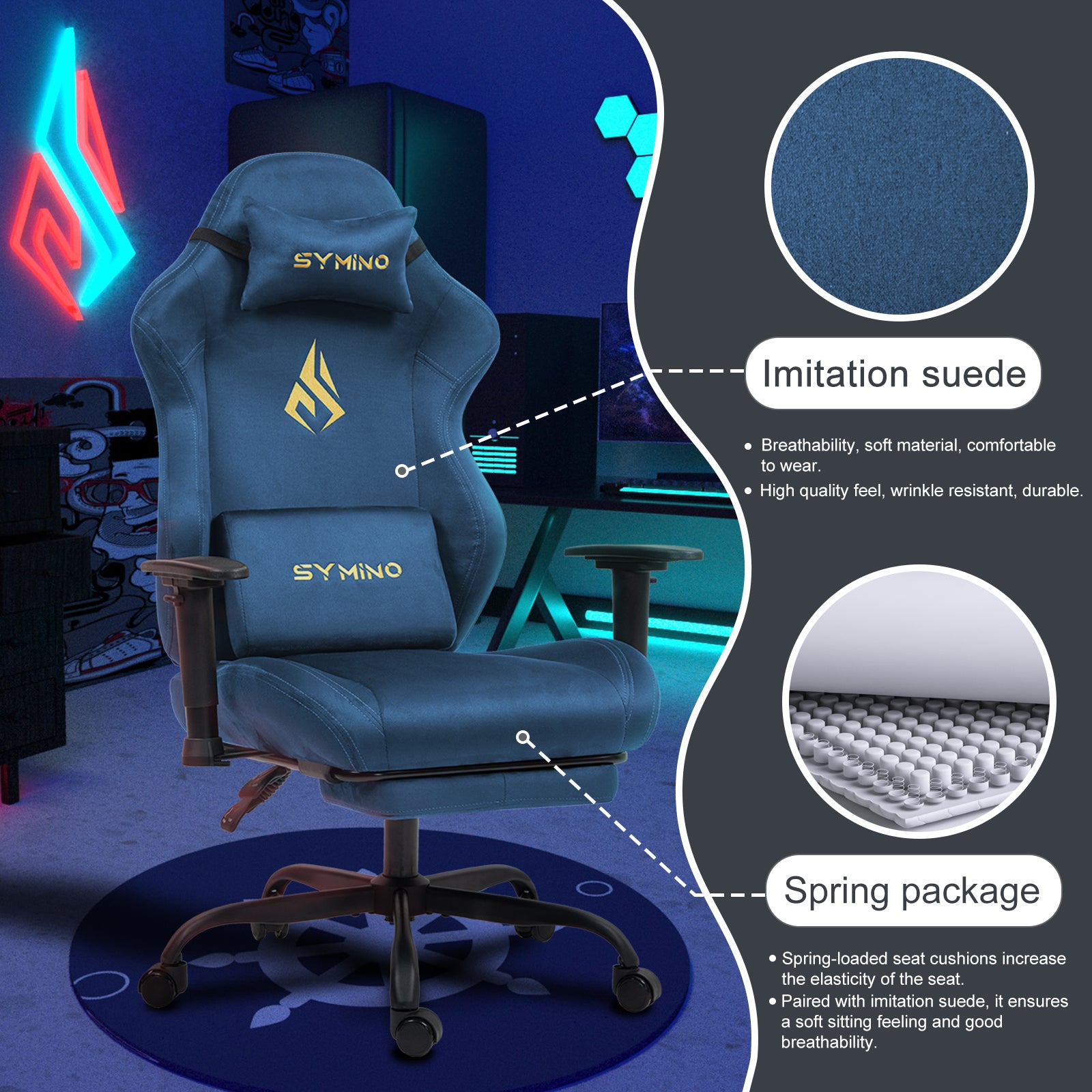 SYMINO Ergonomic Gaming Chair with Footrest, Breathable and Adjustable, Blue