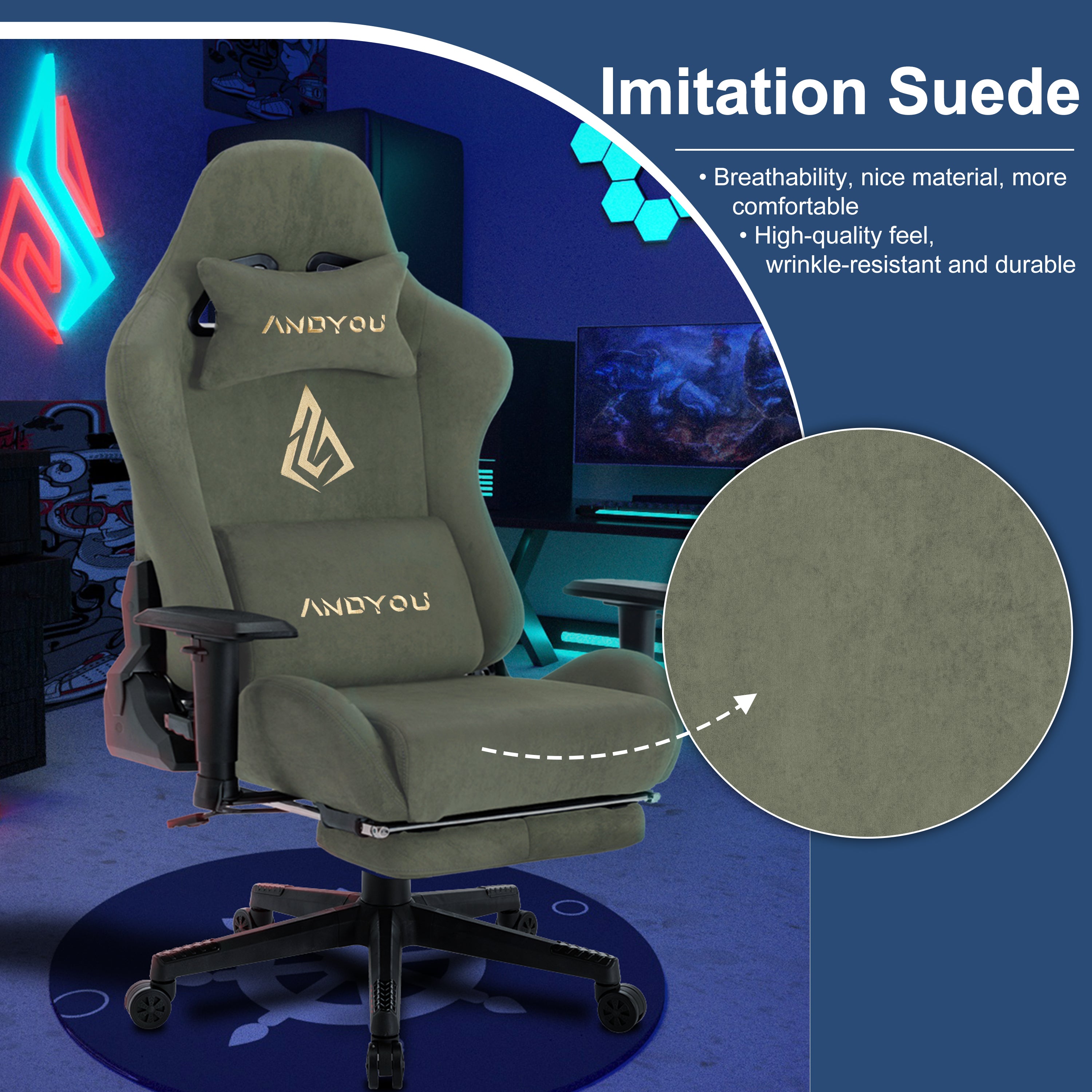 ANDYOU (Upgraded from SYMINO): Green Premium Breathable Ergonomic Gaming Chair - Adjustable, Rotating, with Footrest