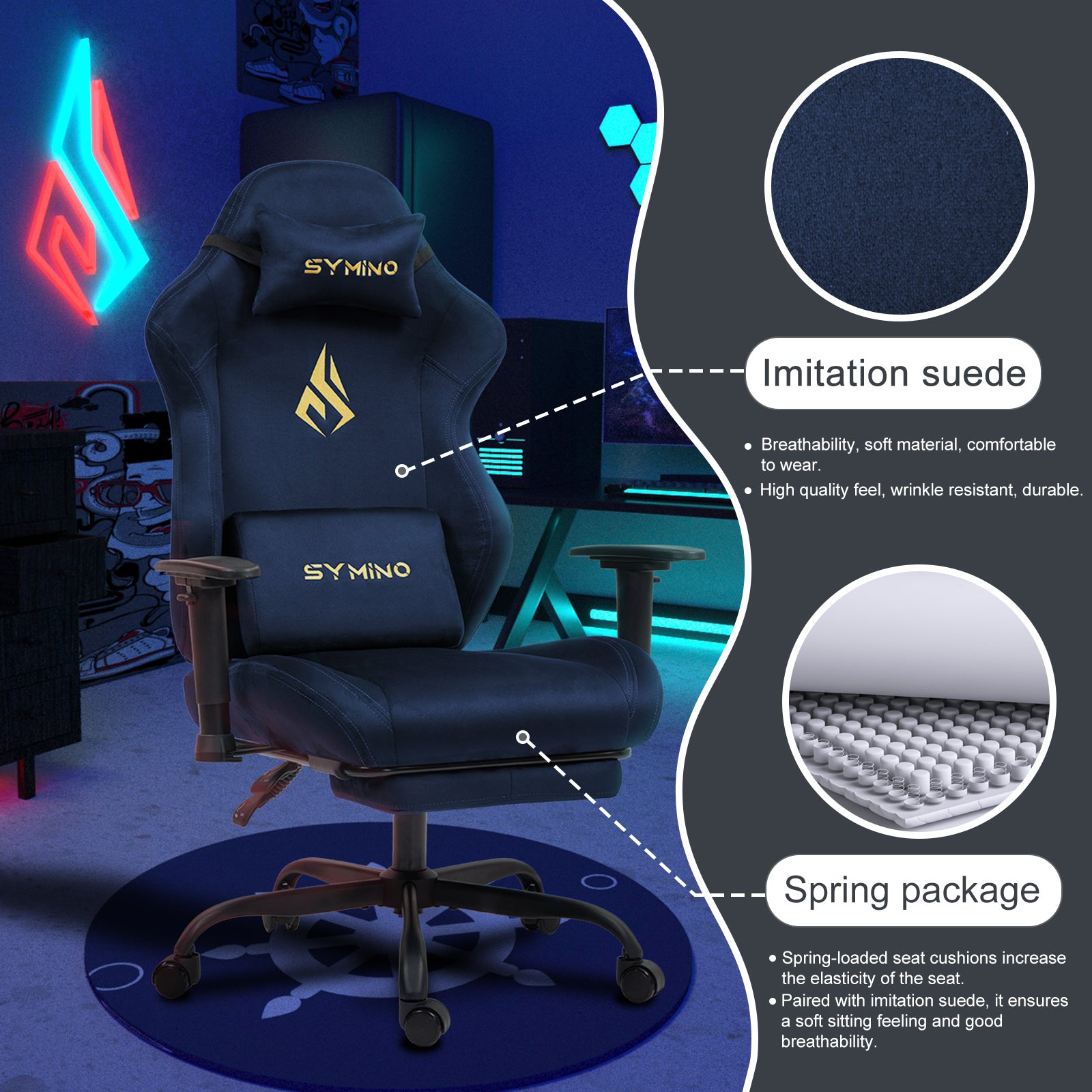 SYMINO Ergonomic Gaming Chair with Footrest, Breathable and Adjustable, Dark Blue