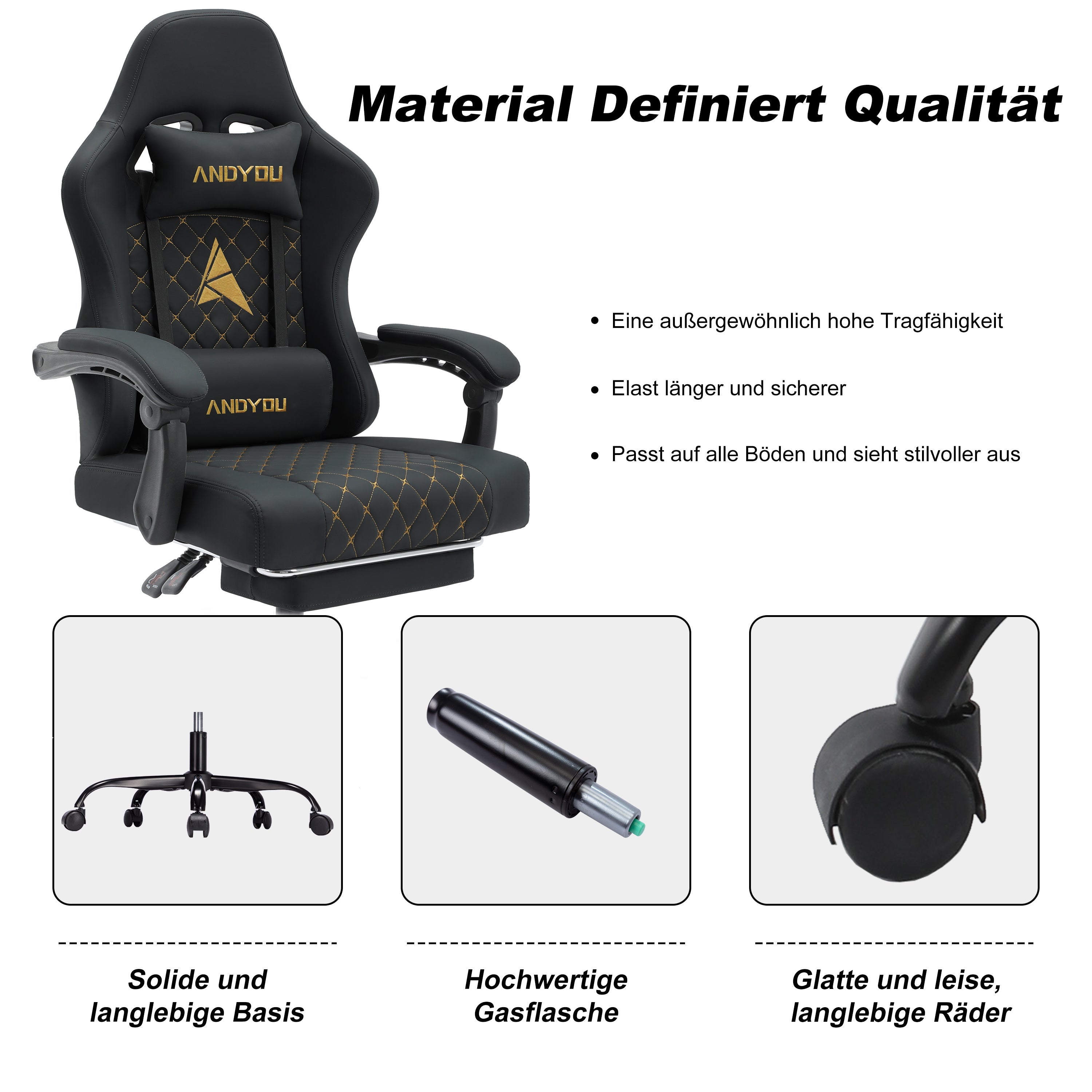 ANDYOU Ergonomic Racing Style Gaming Chair – Adjustable Comfort with PU Leather, Black