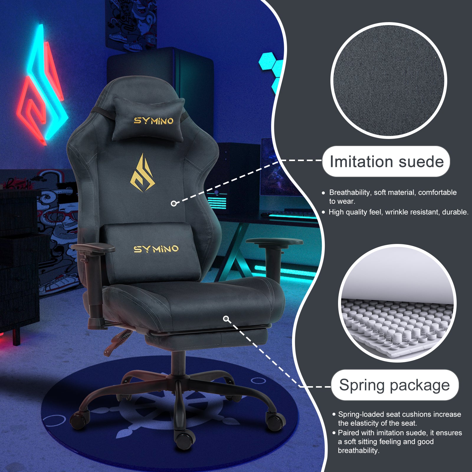 SYMINO Ergonomic Gaming Chair with Footrest, Breathable and Adjustable, Grey