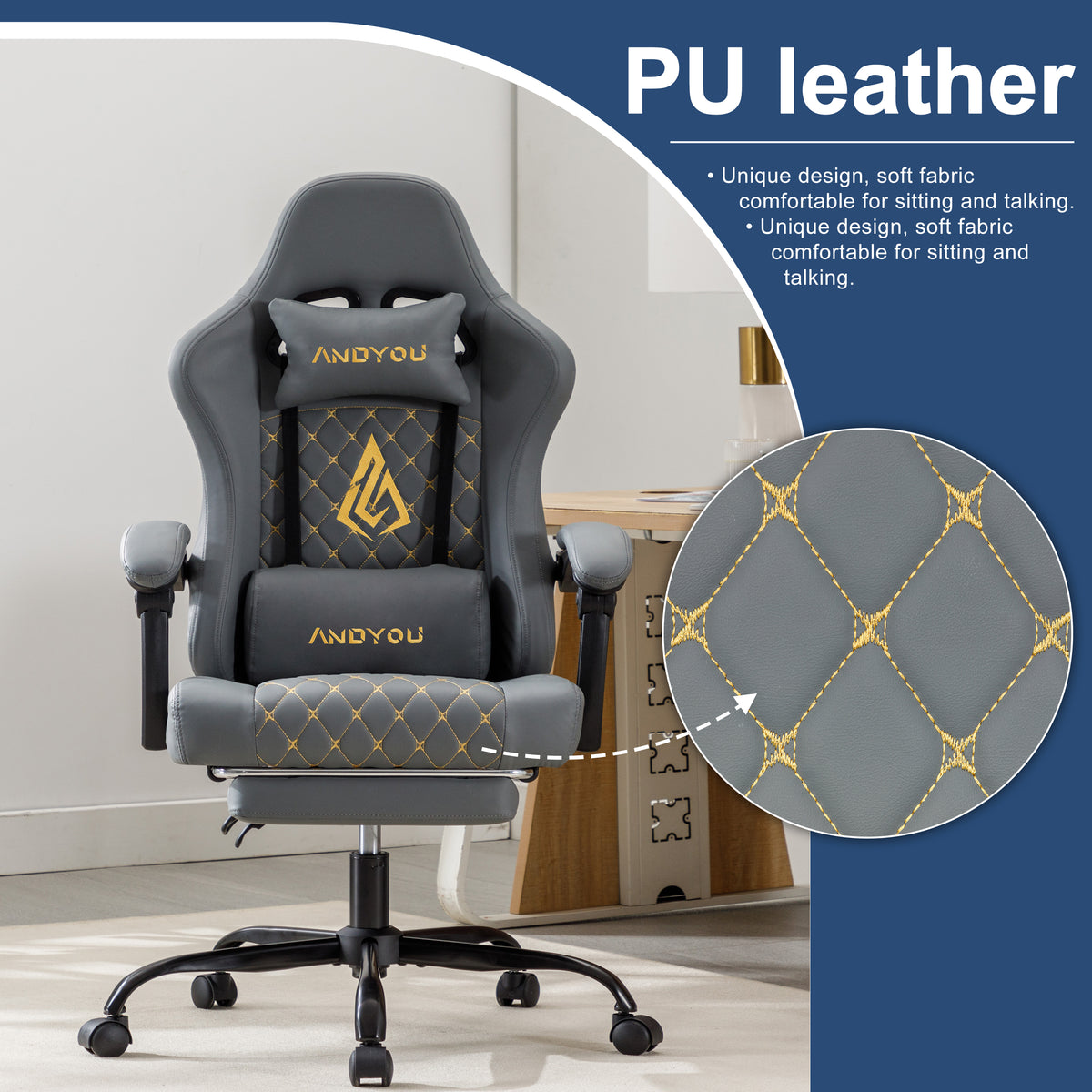 ANDYOU (Upgraded from SYMINO):  Ergonomic PU Leather Racing Style Gaming Chair - Comfortable and Adjustable, Grey